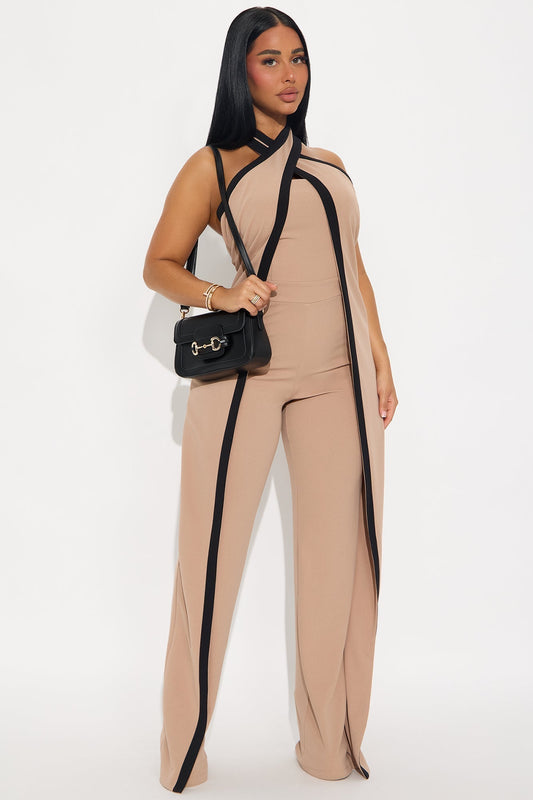For The Moment Draped Halter Jumpsuit - Taupe/combo
