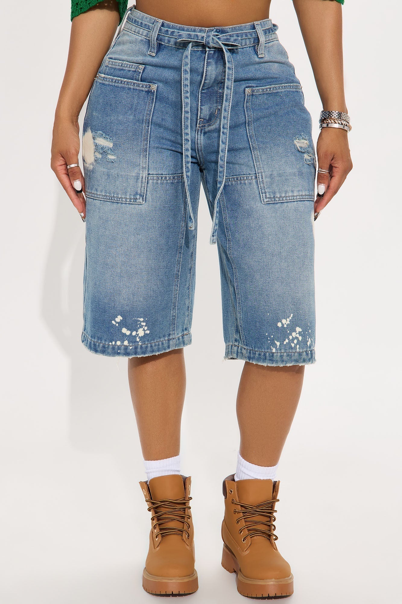 Ripped Bleached Denim Jorts - Medium Wash