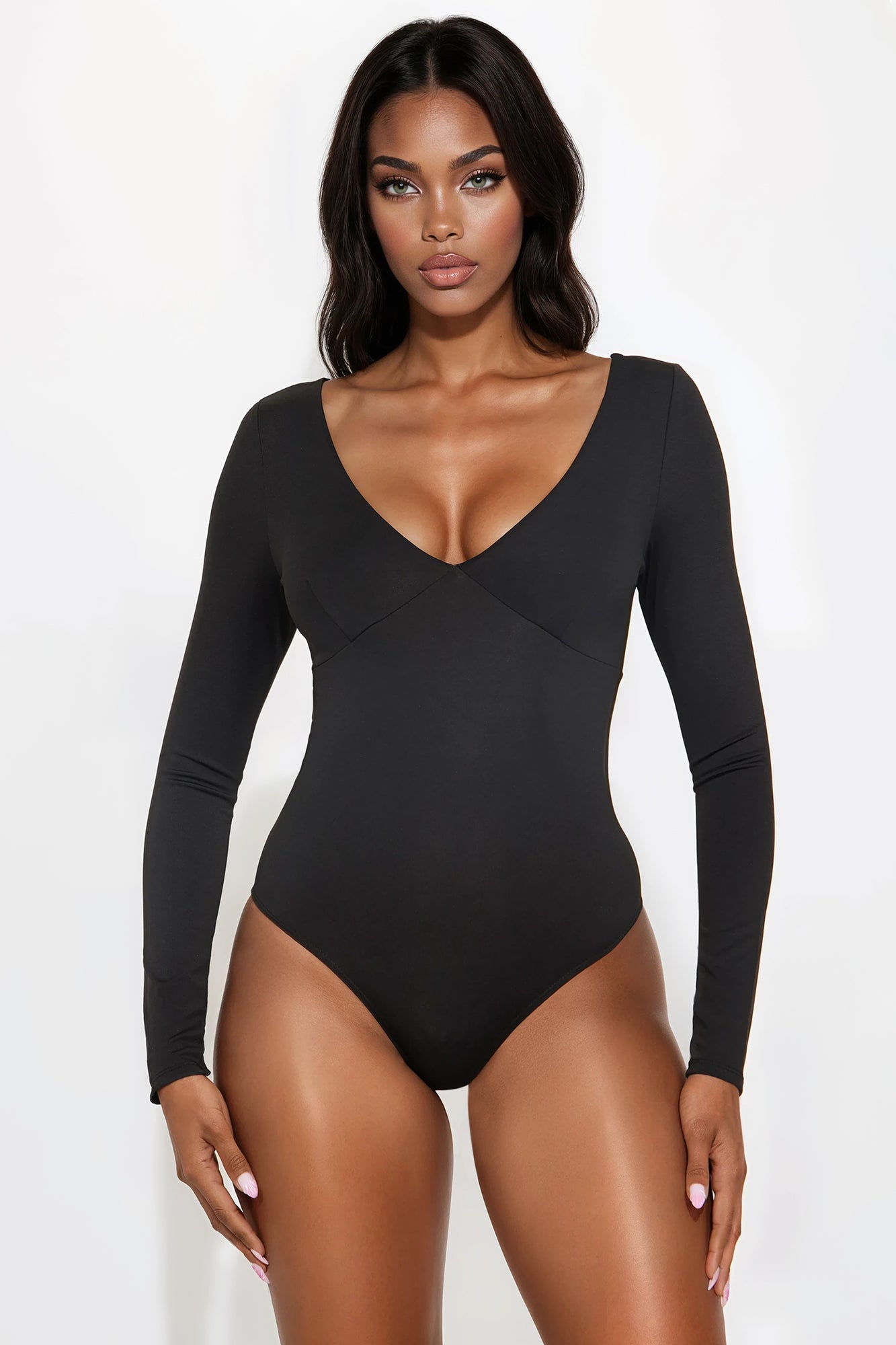 Magnetic Babe Long Sleeve Backless Bodysuit - Black