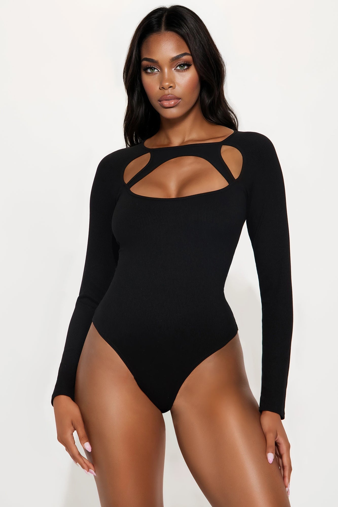Kaz Ribbed Long Sleeve Cut Out Bodysuit - Black