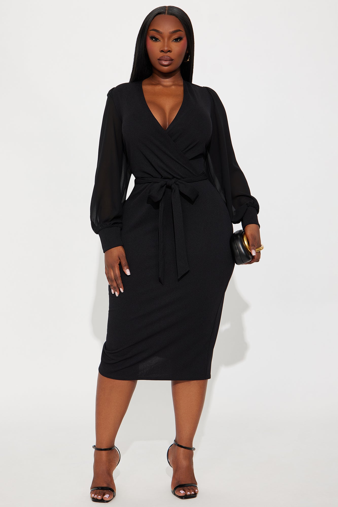 Renee Surplice Tie Waist Midi Dress - Black