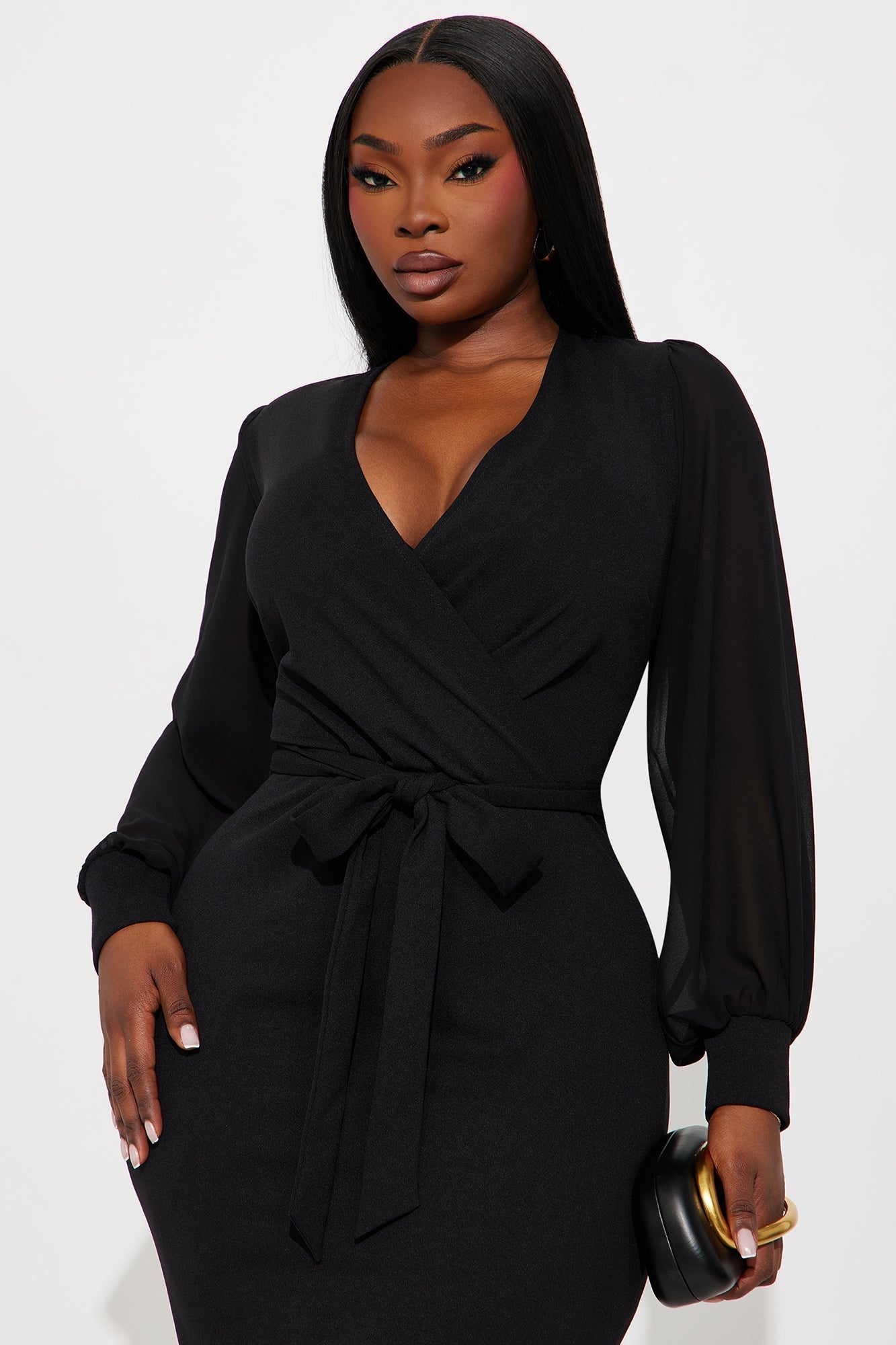 Renee Surplice Tie Waist Midi Dress - Black