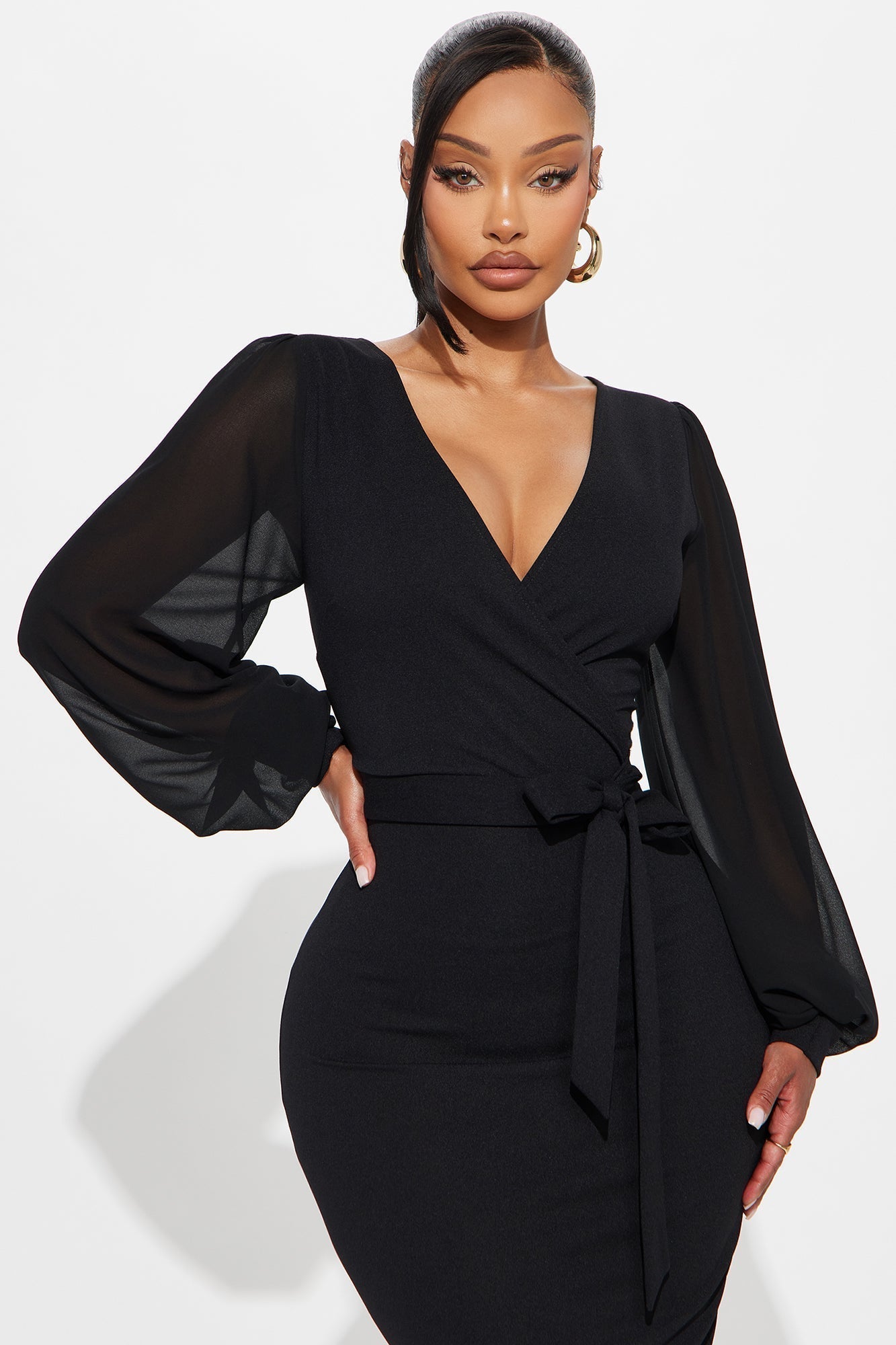 Renee Surplice Tie Waist Midi Dress - Black