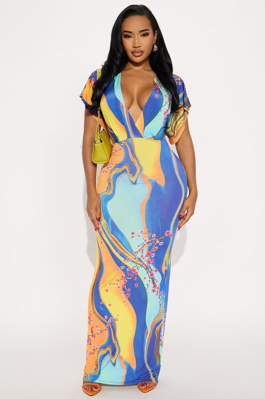 Dalia Short Sleeve Maxi Dress - Blue/combo