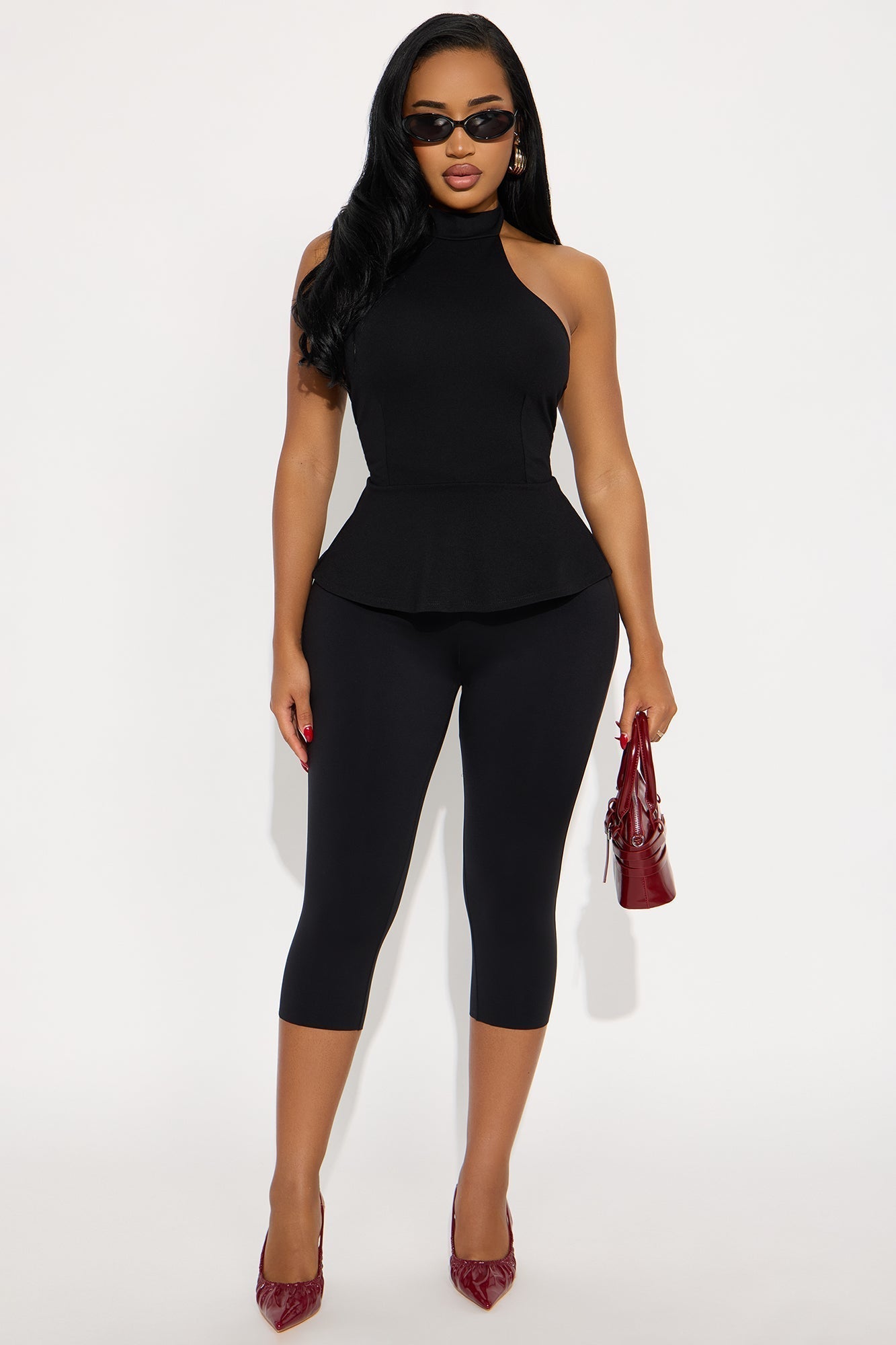 Fleur Ponte Peplum Halter Top - Black