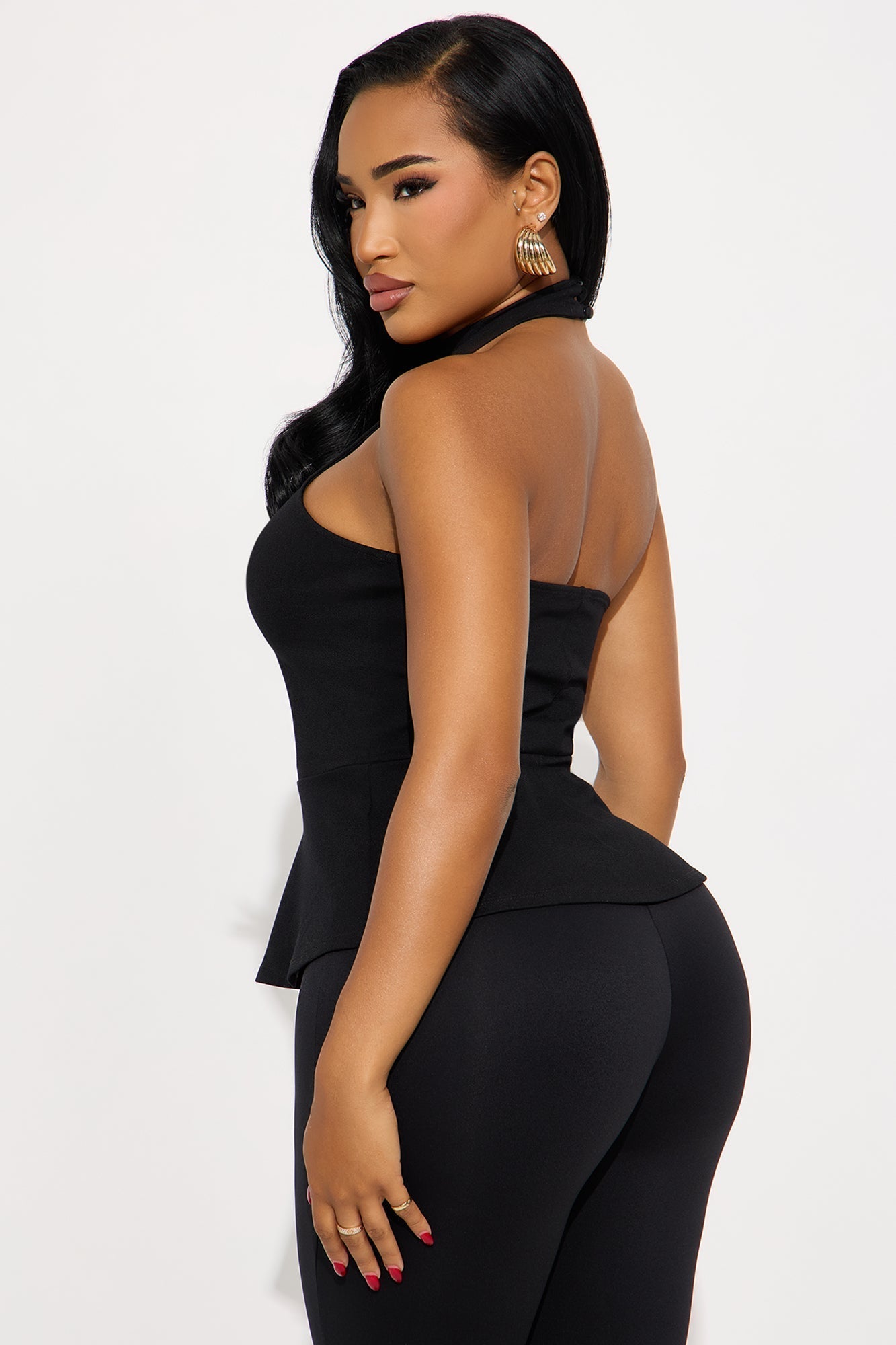 Fleur Ponte Peplum Halter Top - Black