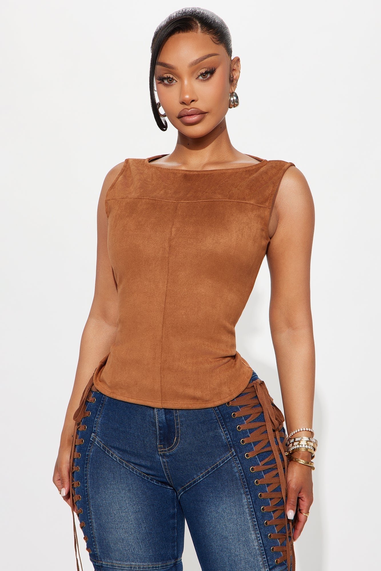 Ori High Neck Faux Suede Top - Camel