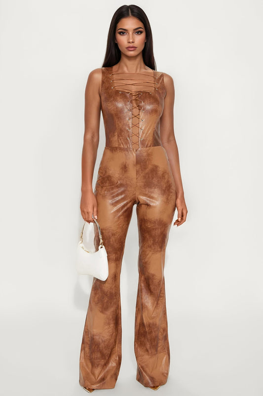 Klarissa Faux Leather Lace Up Jumpsuit - Brown