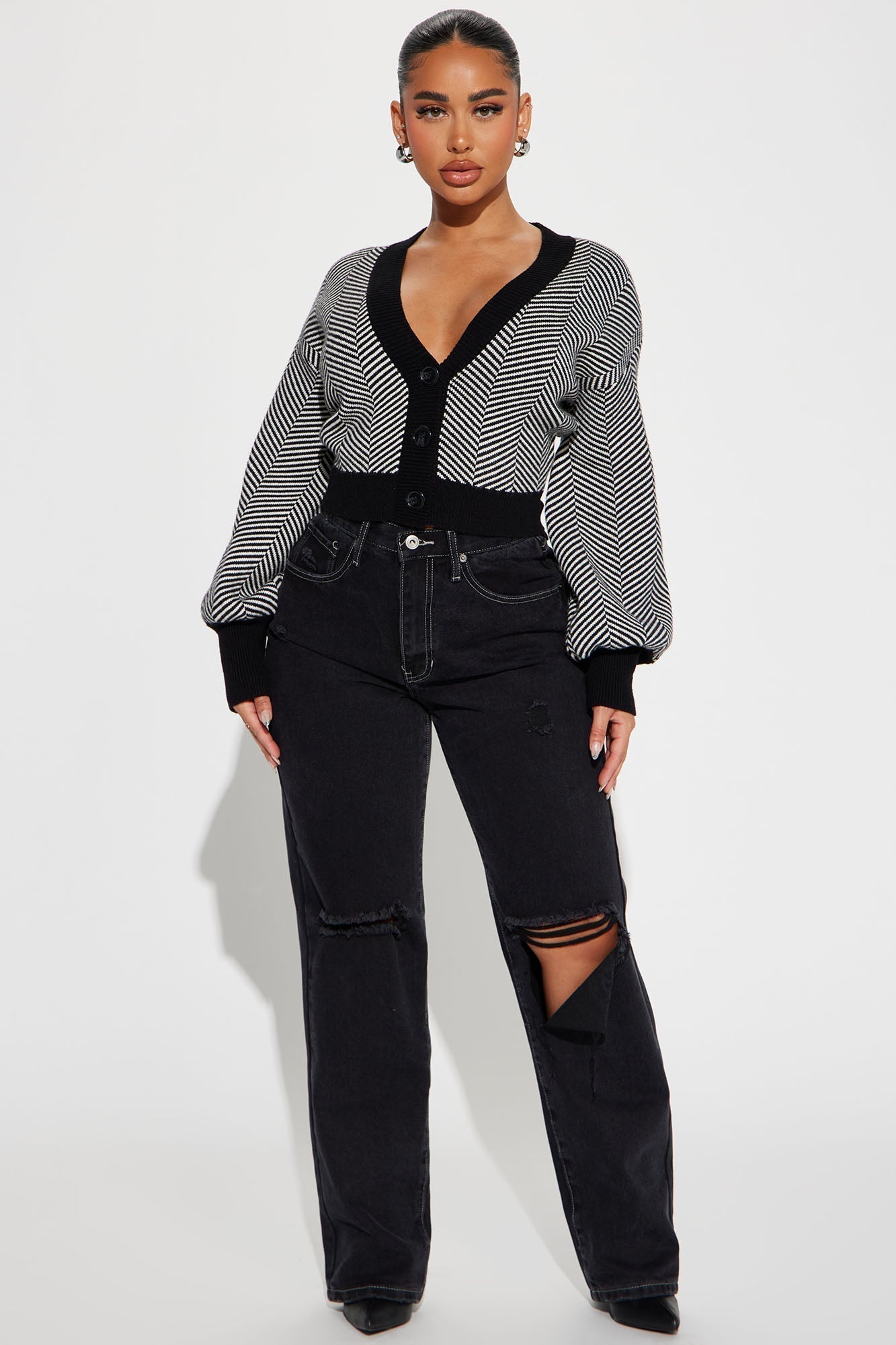Madison Stripe Cropped Cardigan - Black/White