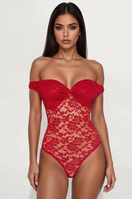 Tiria Sheer Lace Bodysuit - Red