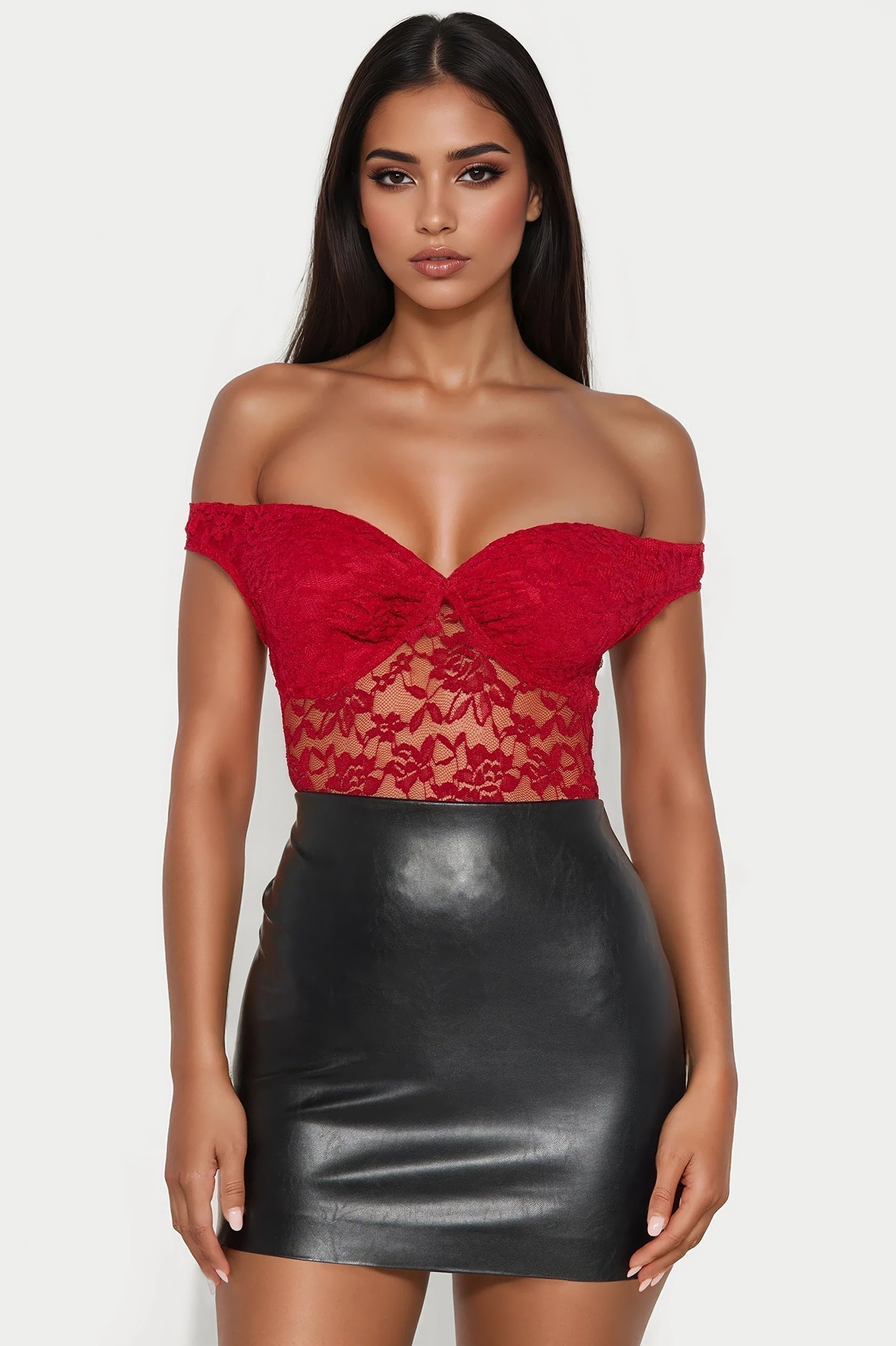 Tiria Sheer Lace Bodysuit - Red
