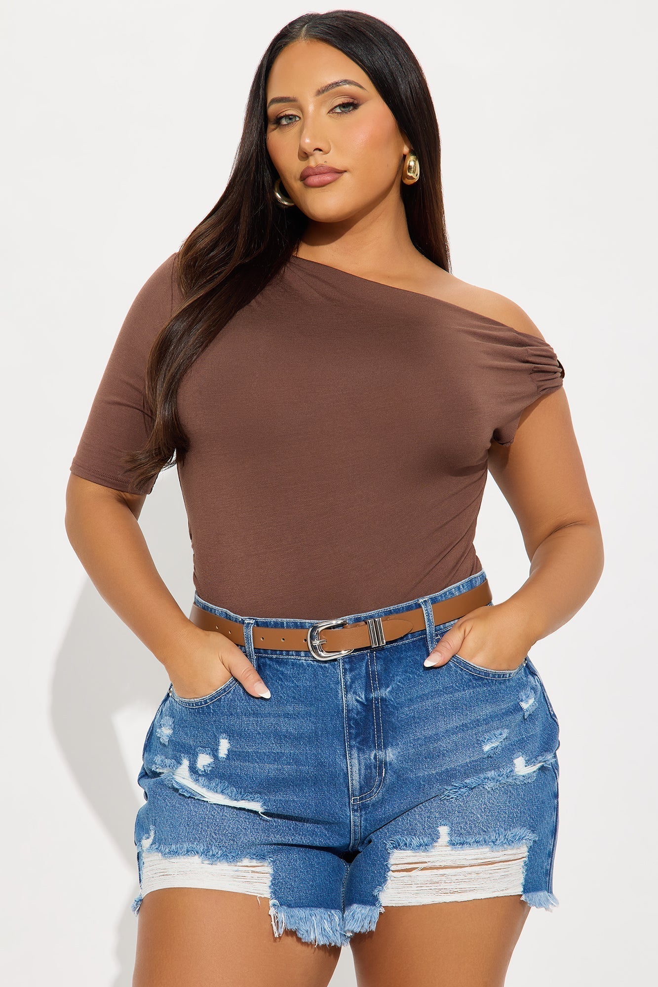 Maris Ruched Off Shoulder Bodysuit - Chocolate