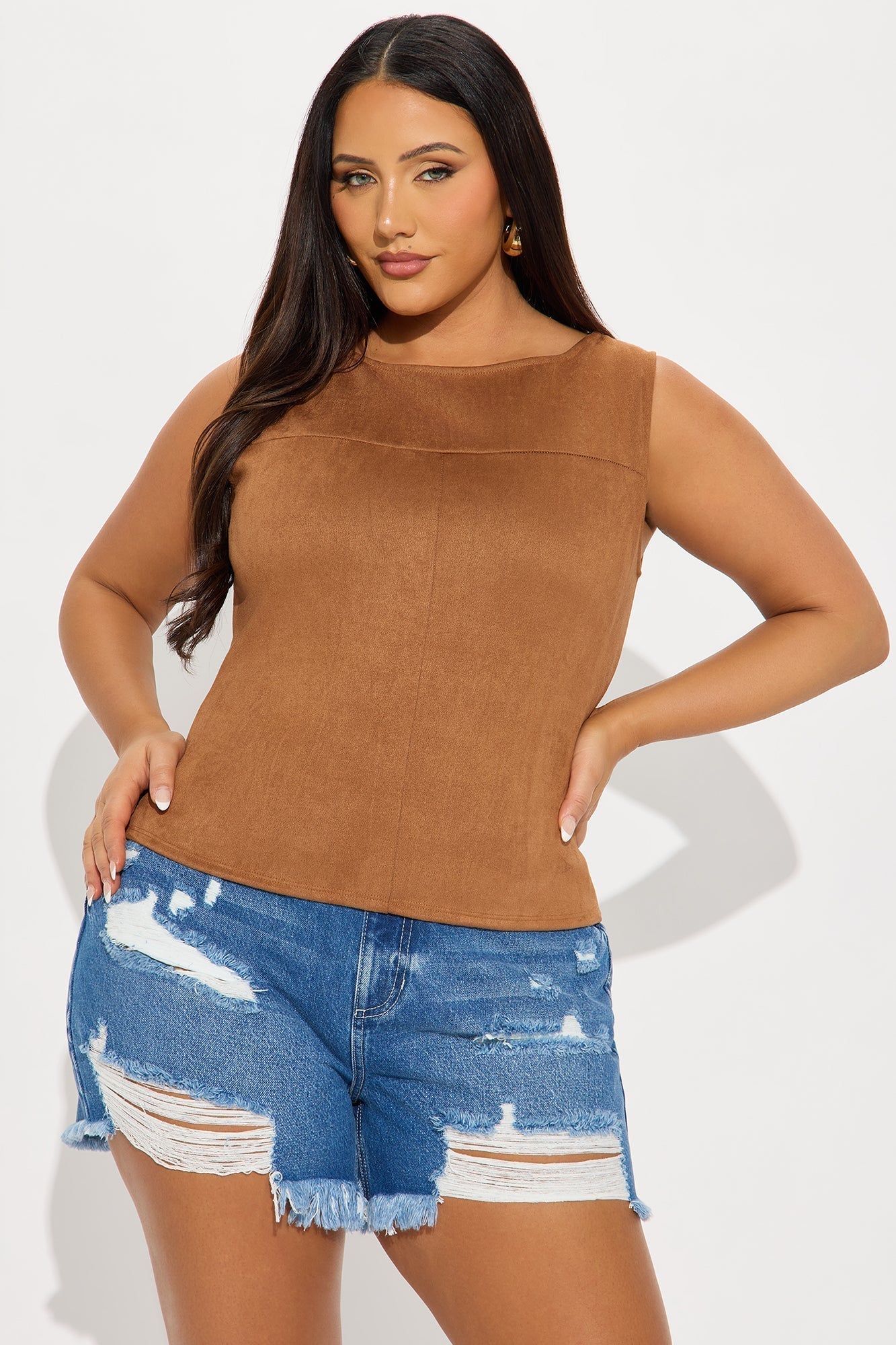 Ori High Neck Faux Suede Top - Camel