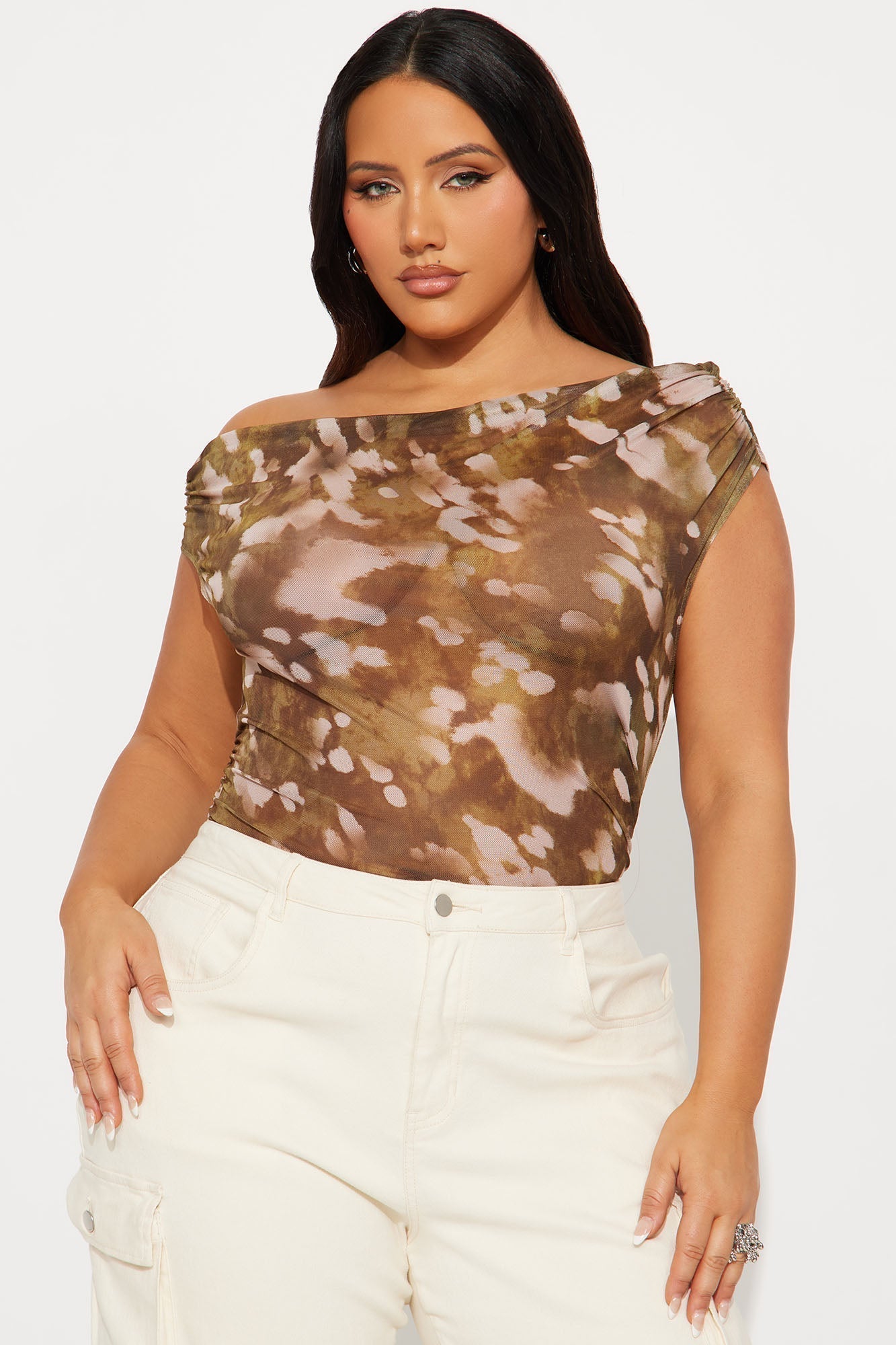 Cameron Ruched Mesh Off Shoulder Bodysuit - Green/combo