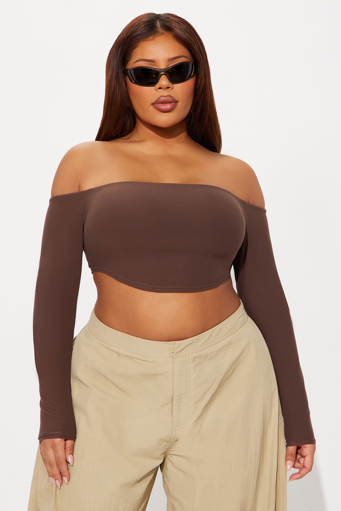 Second Skin Off Shoulder Cropped Top - Chocolate