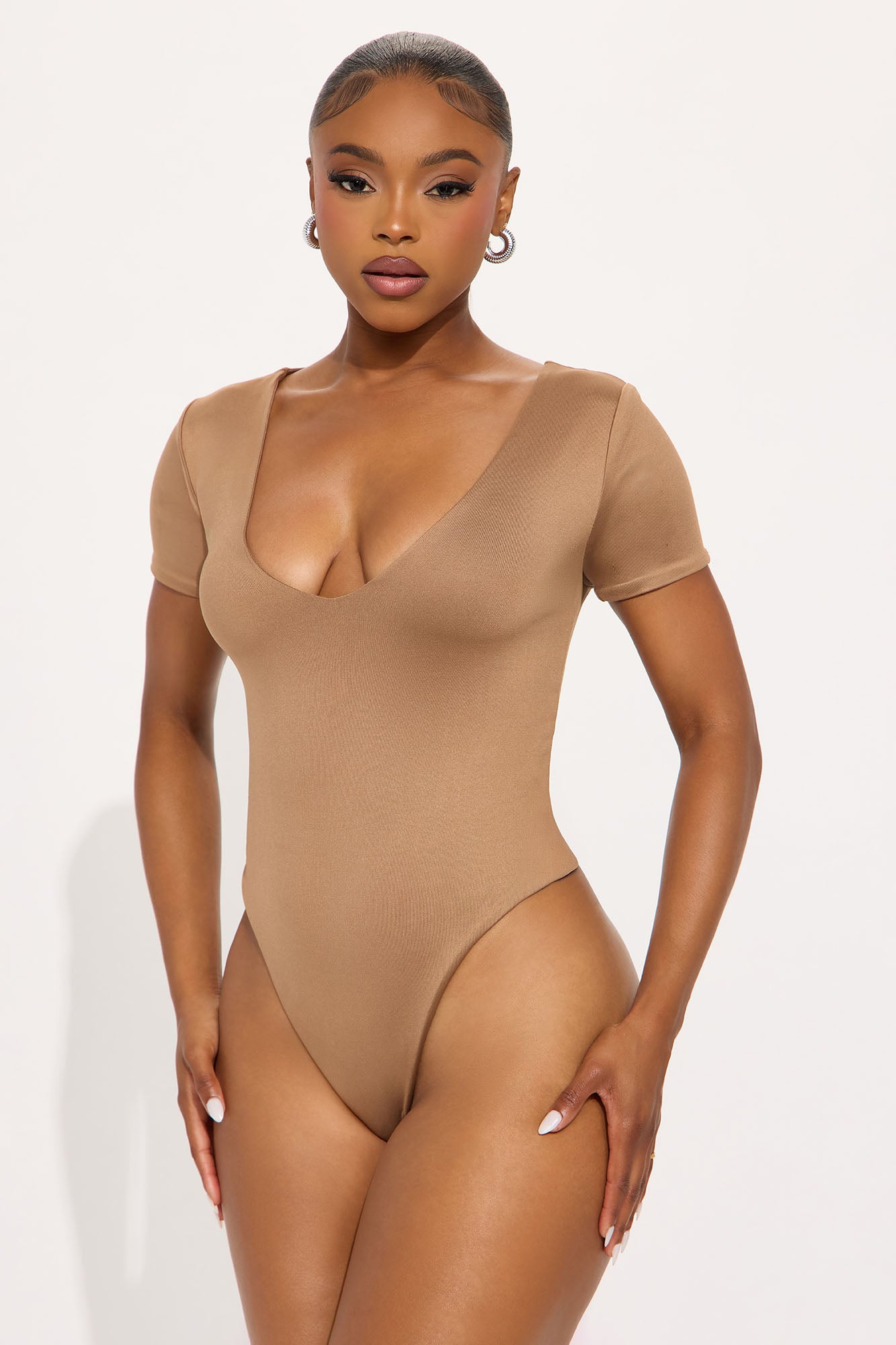 Contour Double Lined Short Sleeve High Cut Bodysuit - Mocha
