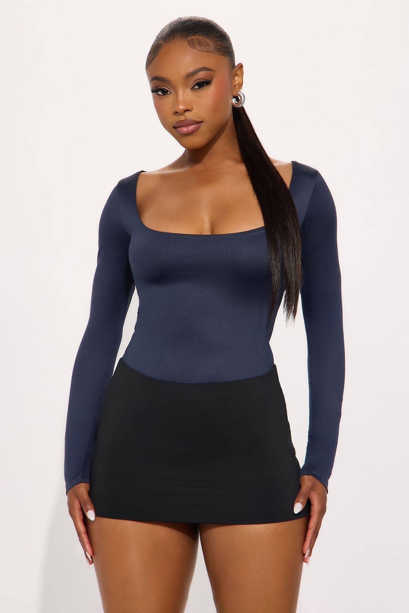 Contour Double Lined Long Sleeve Wide Scoop Neck Bodysuit - Navy