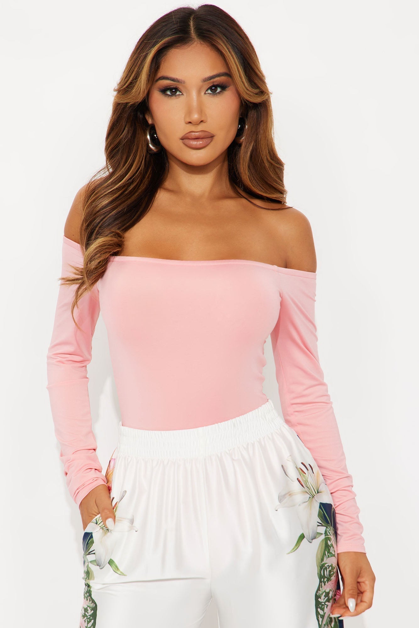No Convincing Off Shoulder Cut Out Bodysuit - Pink