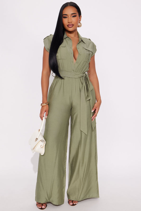 Valentina Linen Wide Leg Jumpsuit - Olive