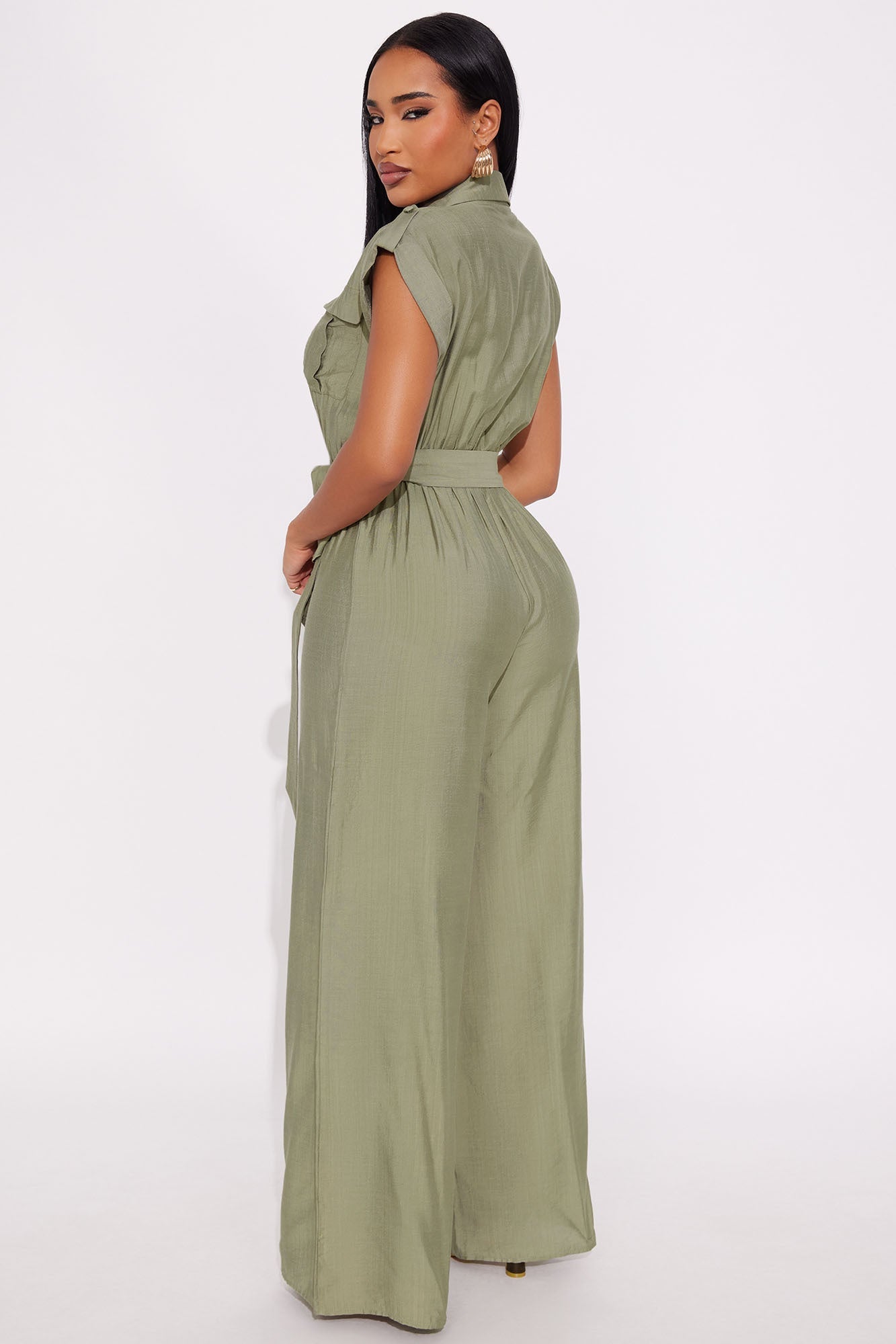 Valentina Linen Wide Leg Jumpsuit - Olive