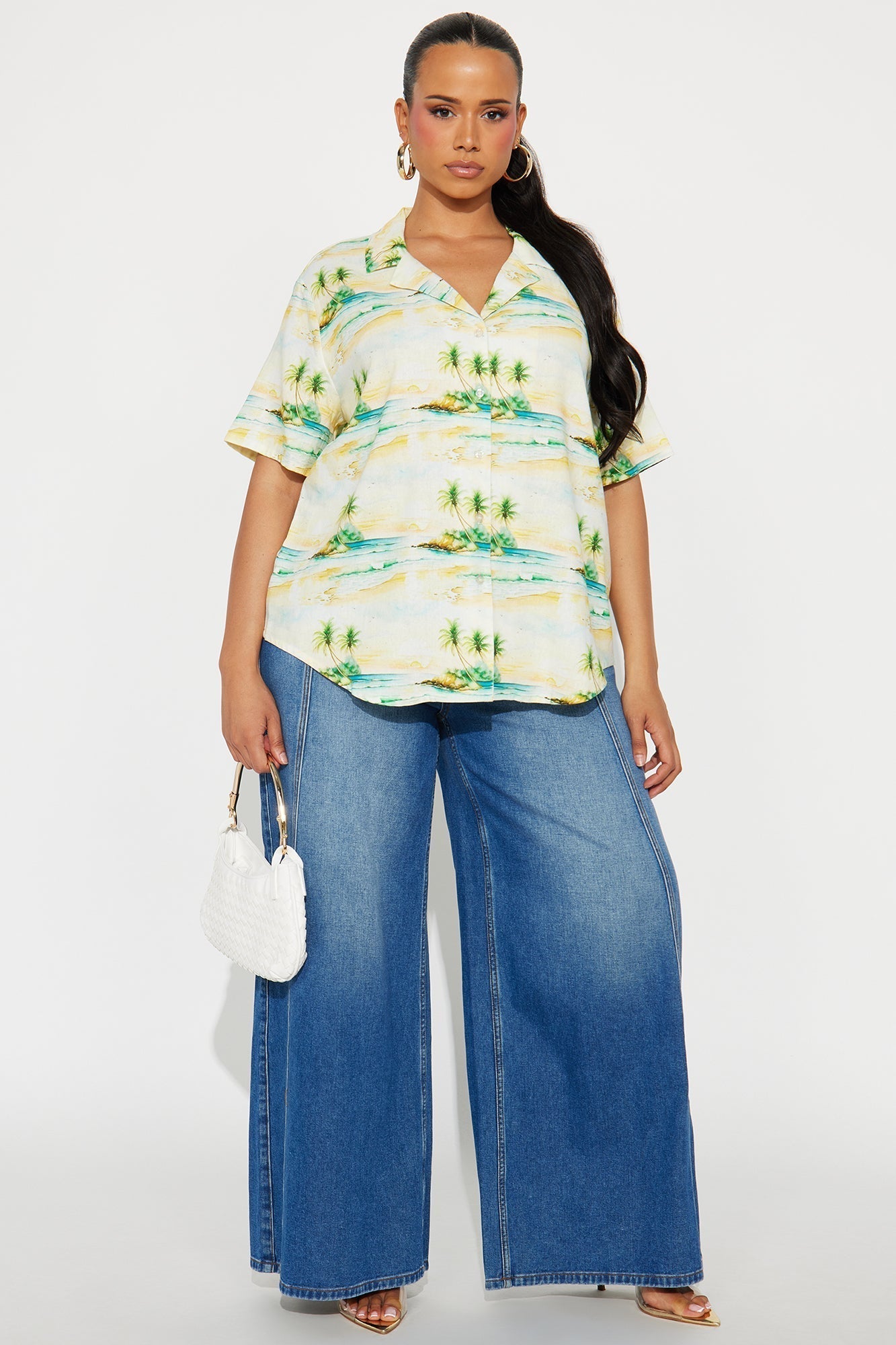 Catching Waves All Day Linen Oversized Button Up Shirt - Yellow/combo