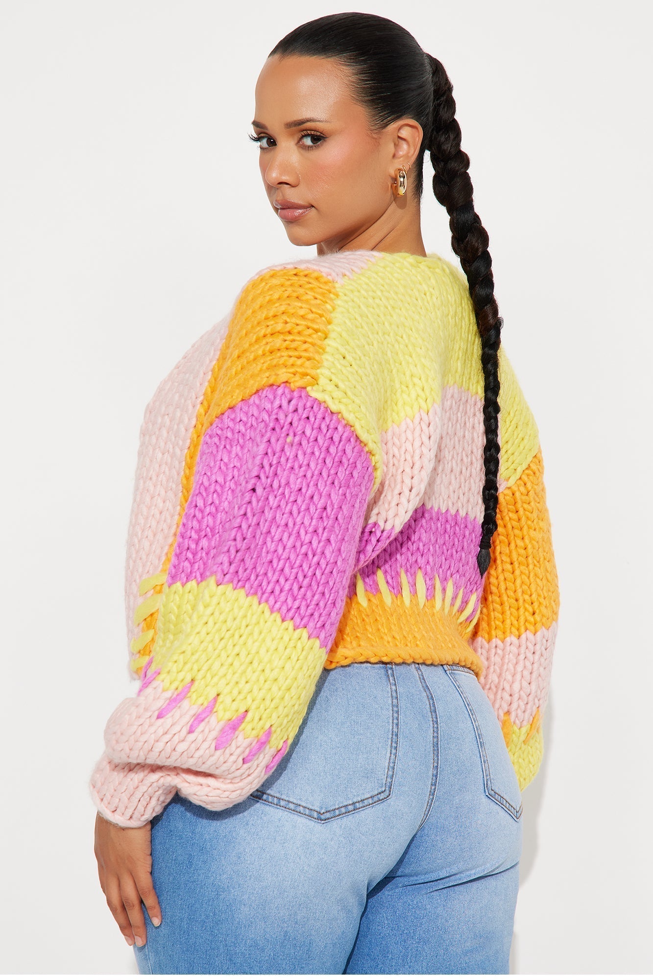 Camille Chunky Knit Color Block Cropped Cardigan - Pink/combo