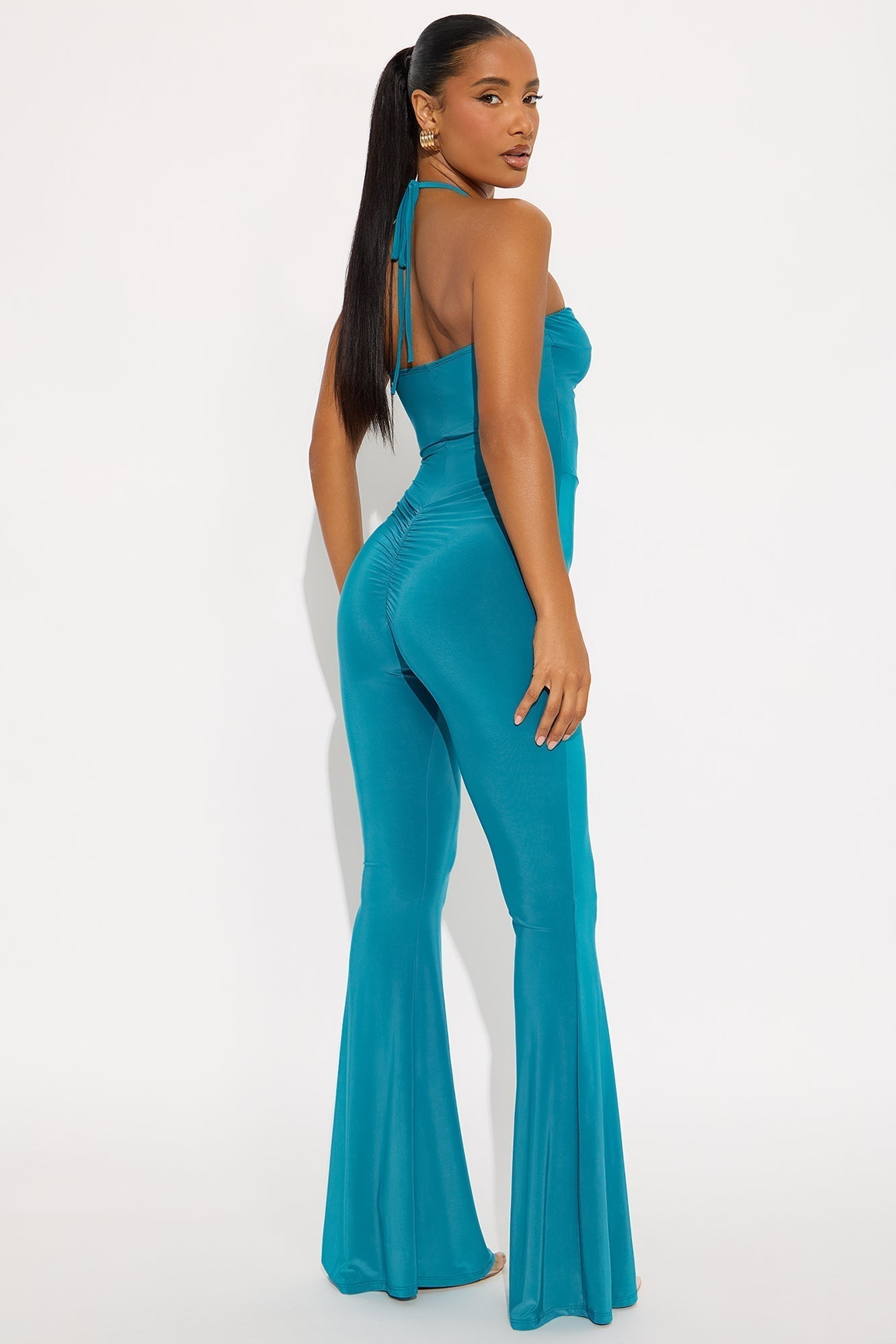 Mya Ruched Halter Flare Leg Jumpsuit - Teal