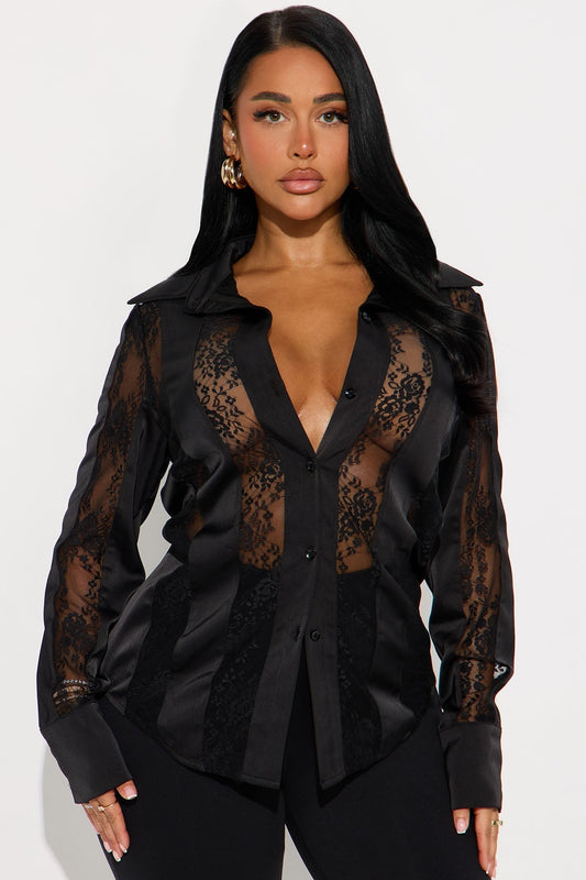 Lace Whispers Satin Shirt - Black