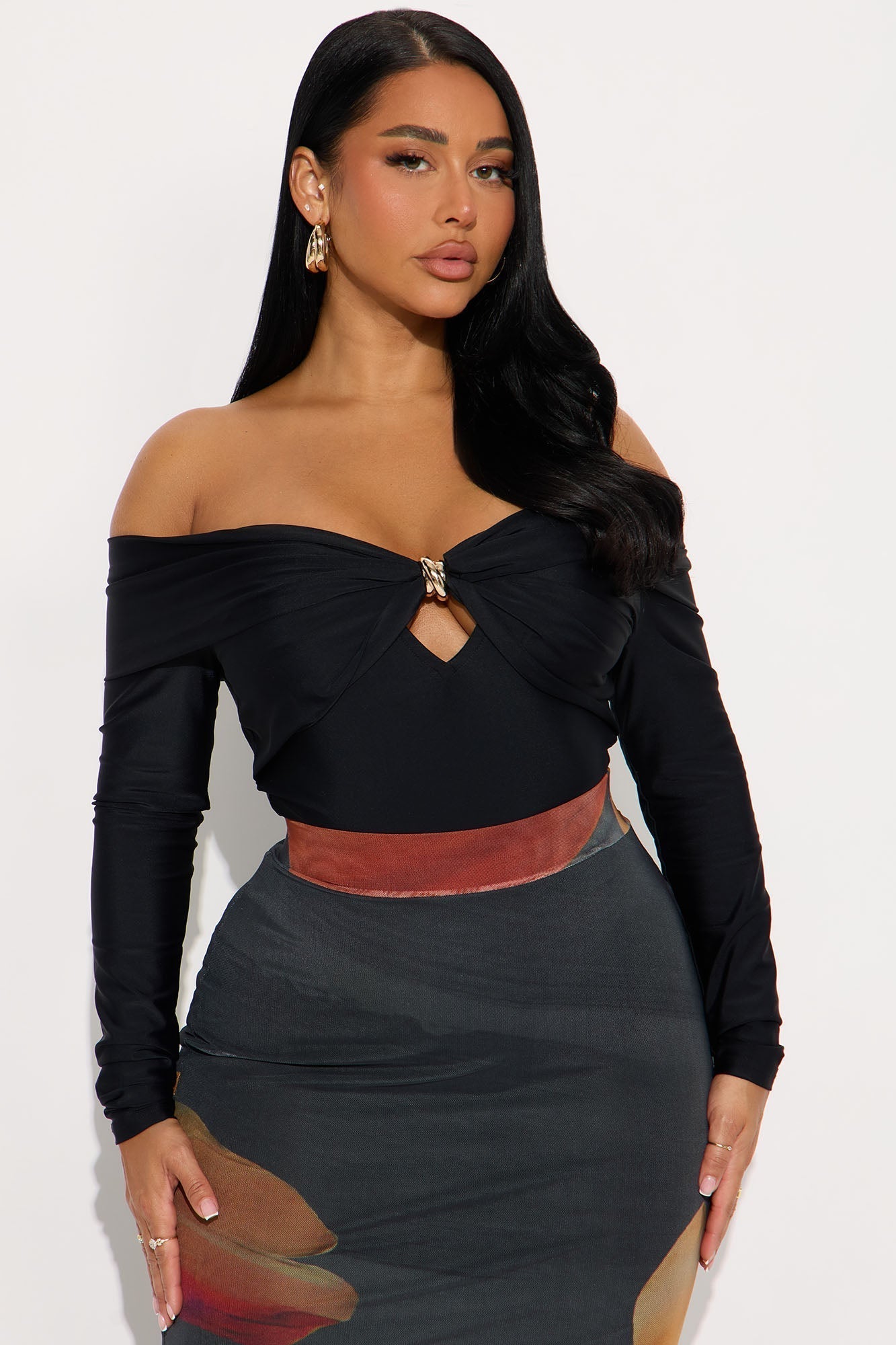 Sylvie Long Sleeve Off Shoulder Bodysuit - Black