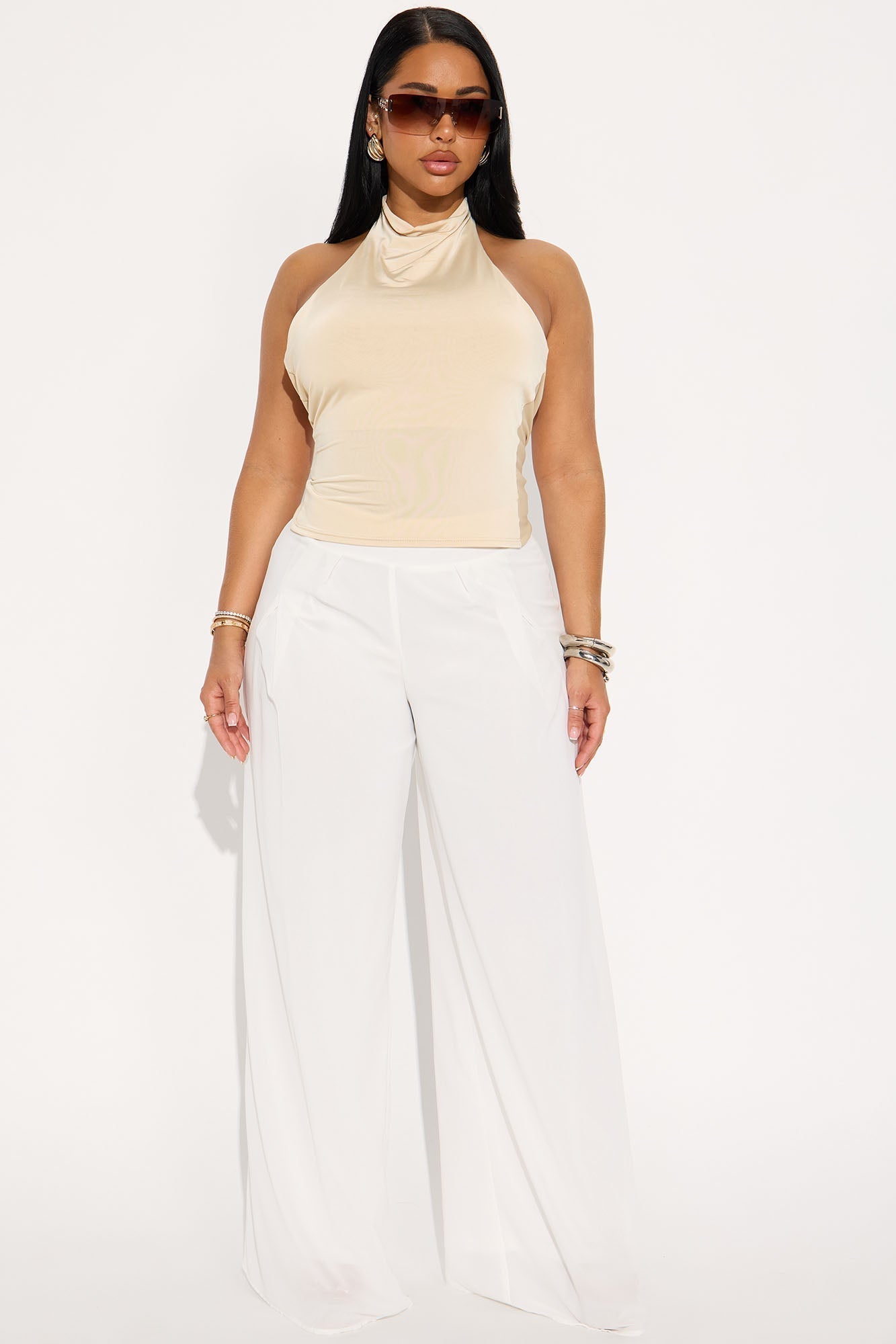 Crowd Pleaser Backless Cowl Neck Halter Top - Cream