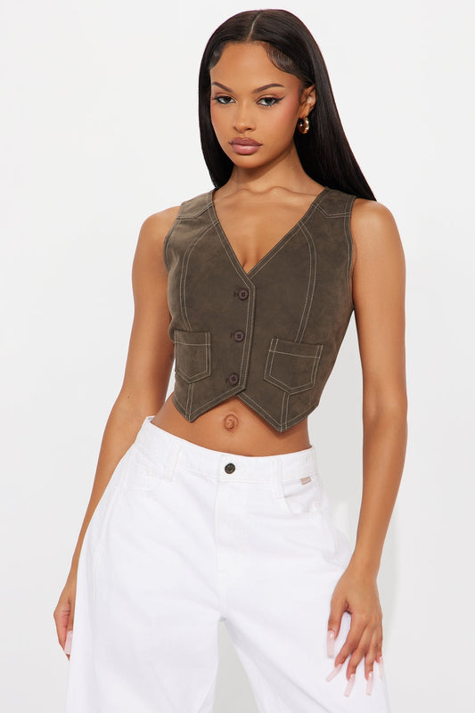 Uptown Girl Faux Leather Vest - Brown