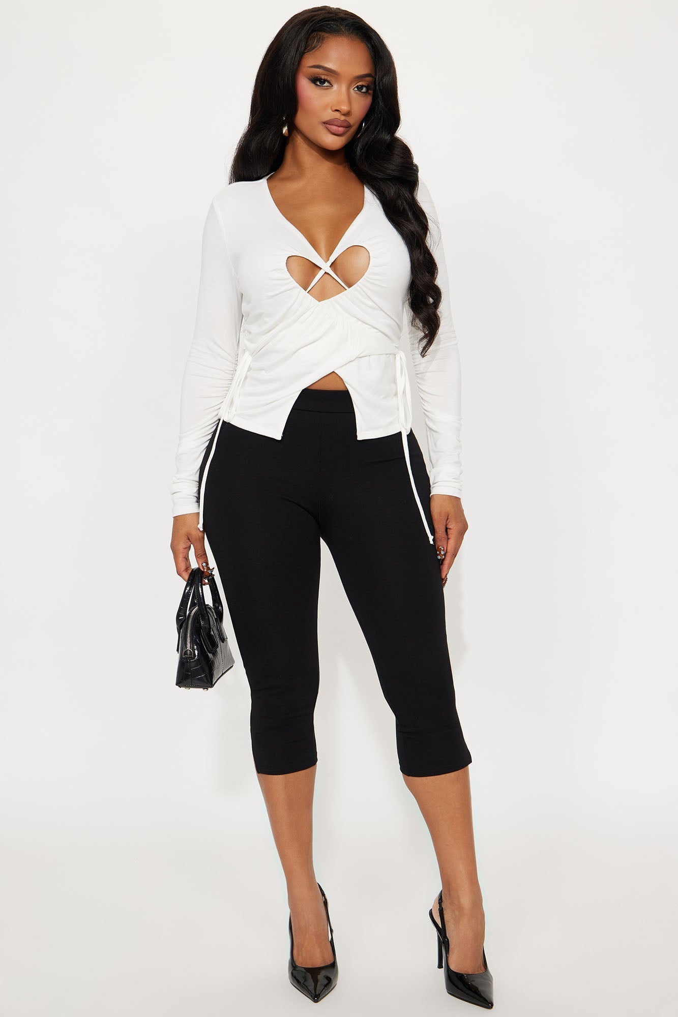 Never Abandoned Ruched Long Sleeve Cut Out Top - Ivory