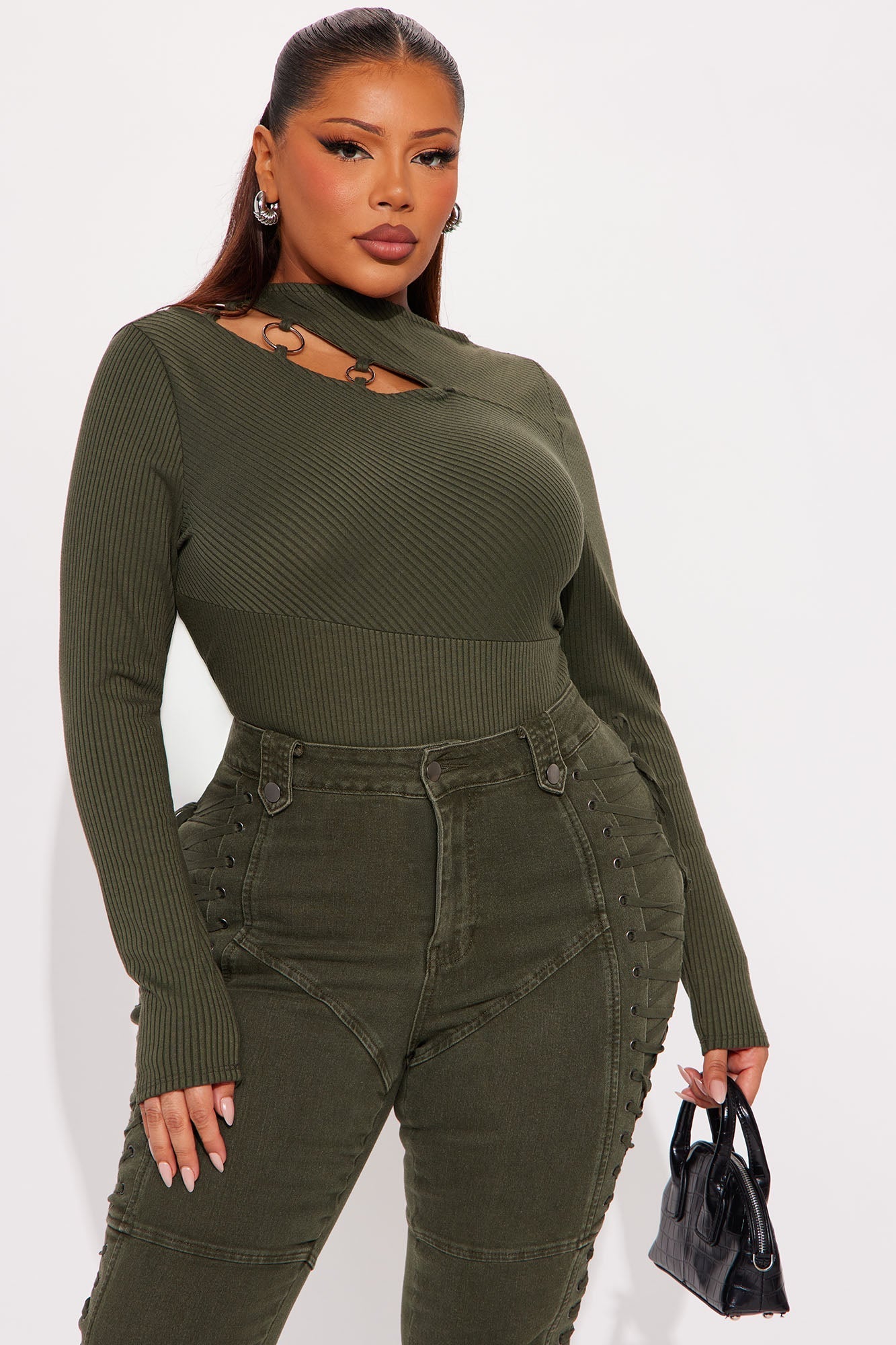 Chelsea Cut Out Ribbed Bodysuit - Olive