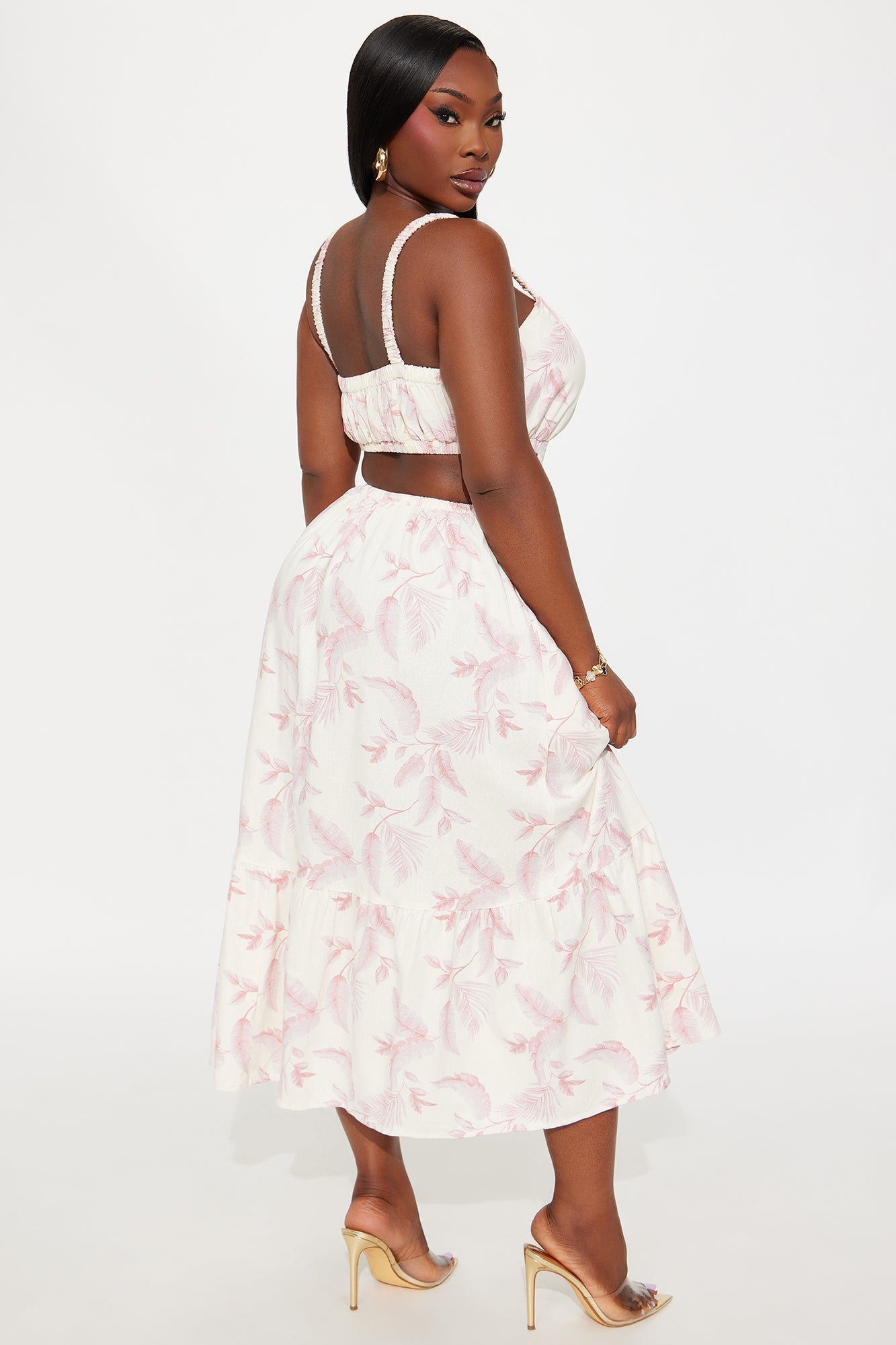 Jayda Pleated Floral Midi Dress - White/Pink