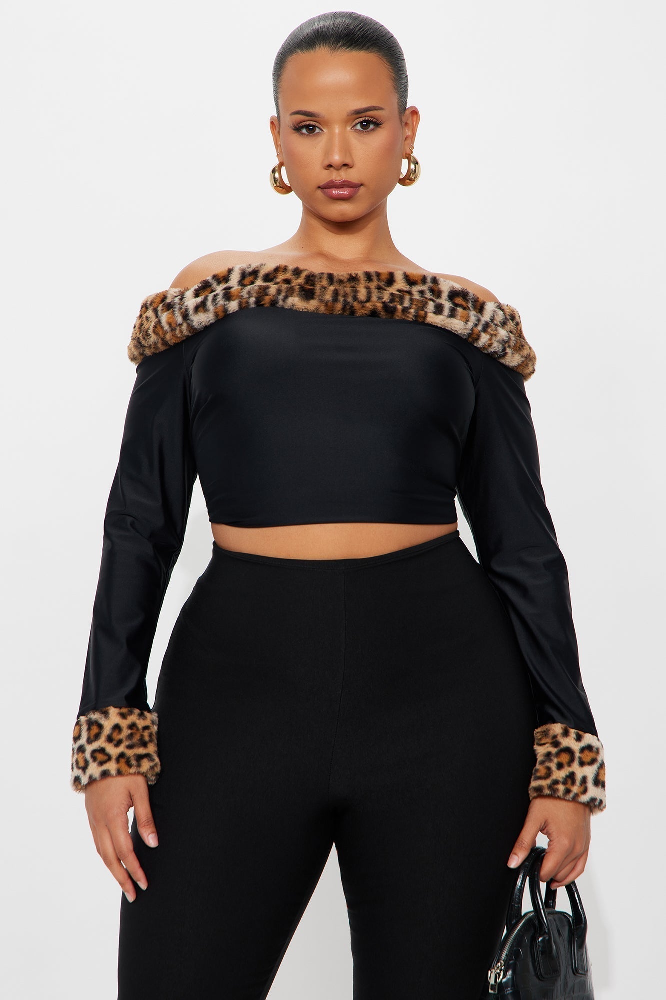 Romy Fur Trim Off Shoulder Top - Black/combo