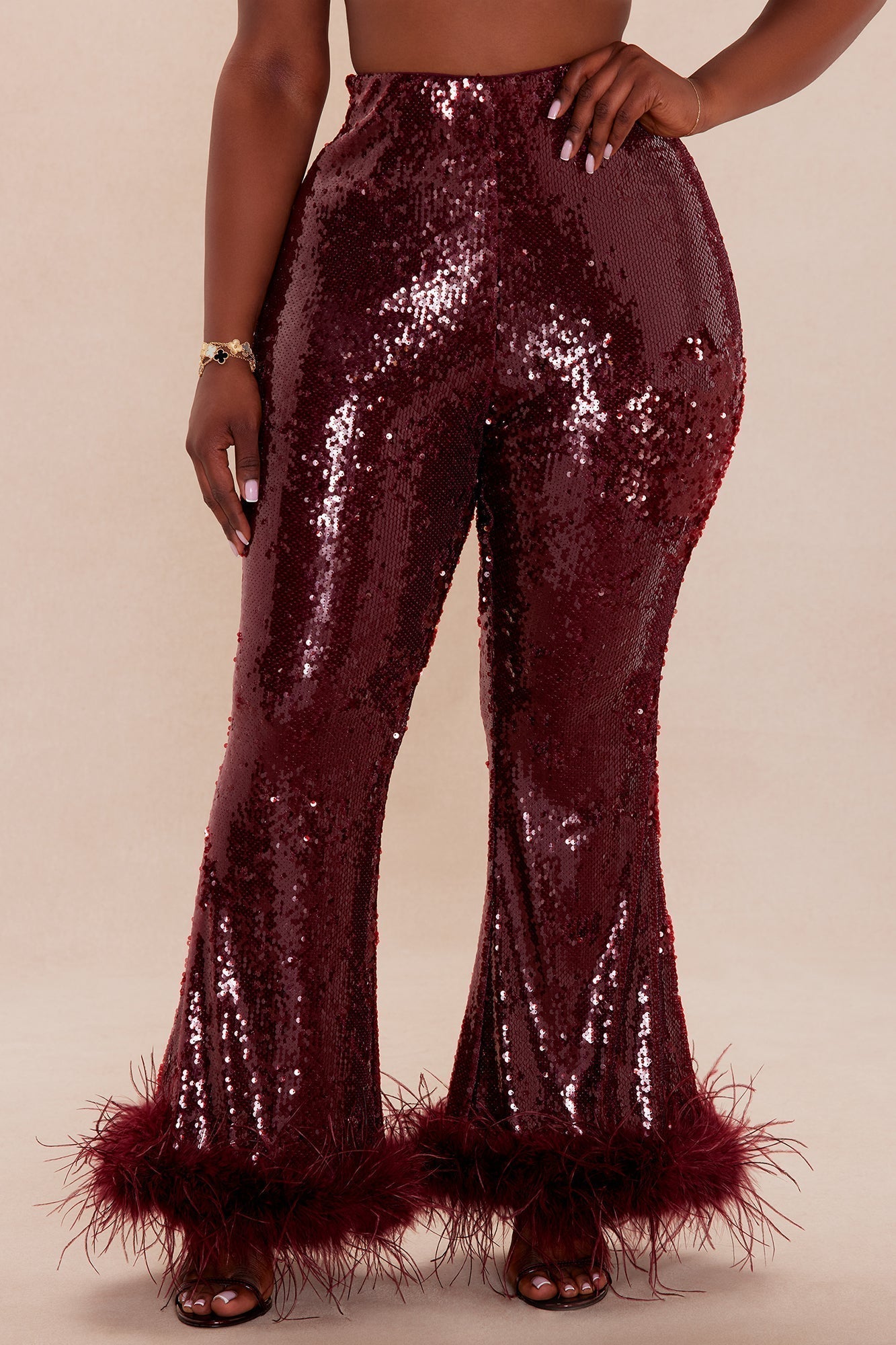 Gaia Feathered Sequin Pant - Burgundy