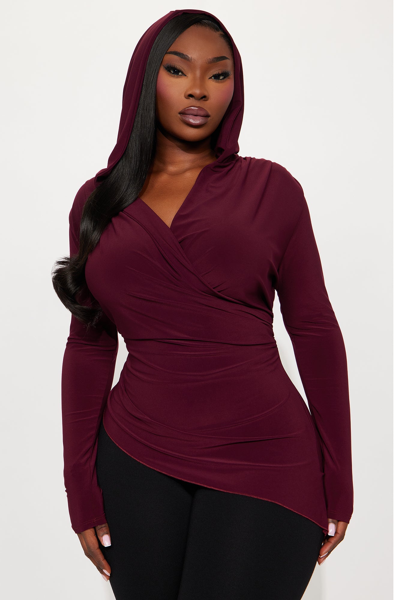 Moxie Asymmetrical Surplice Top - Burgundy