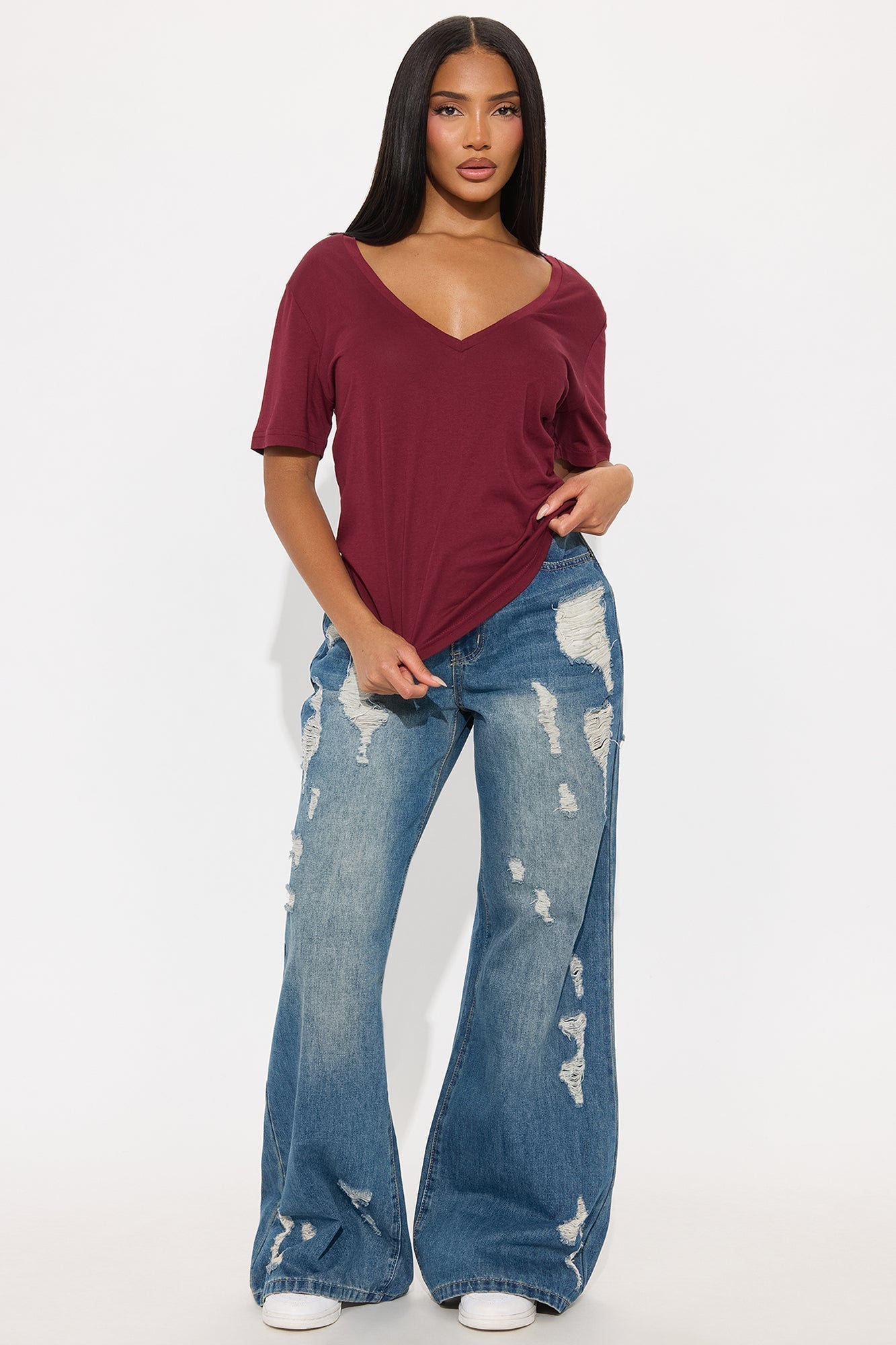 Ava V-Neck Tee - Burgundy
