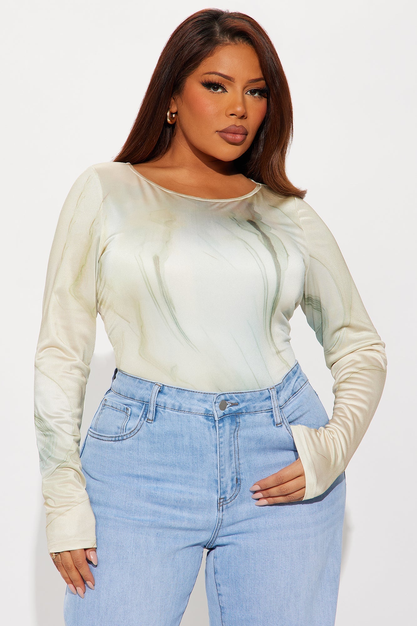 Athena Marble Long Sleeve Boat Neck Bodysuit - Multi Color