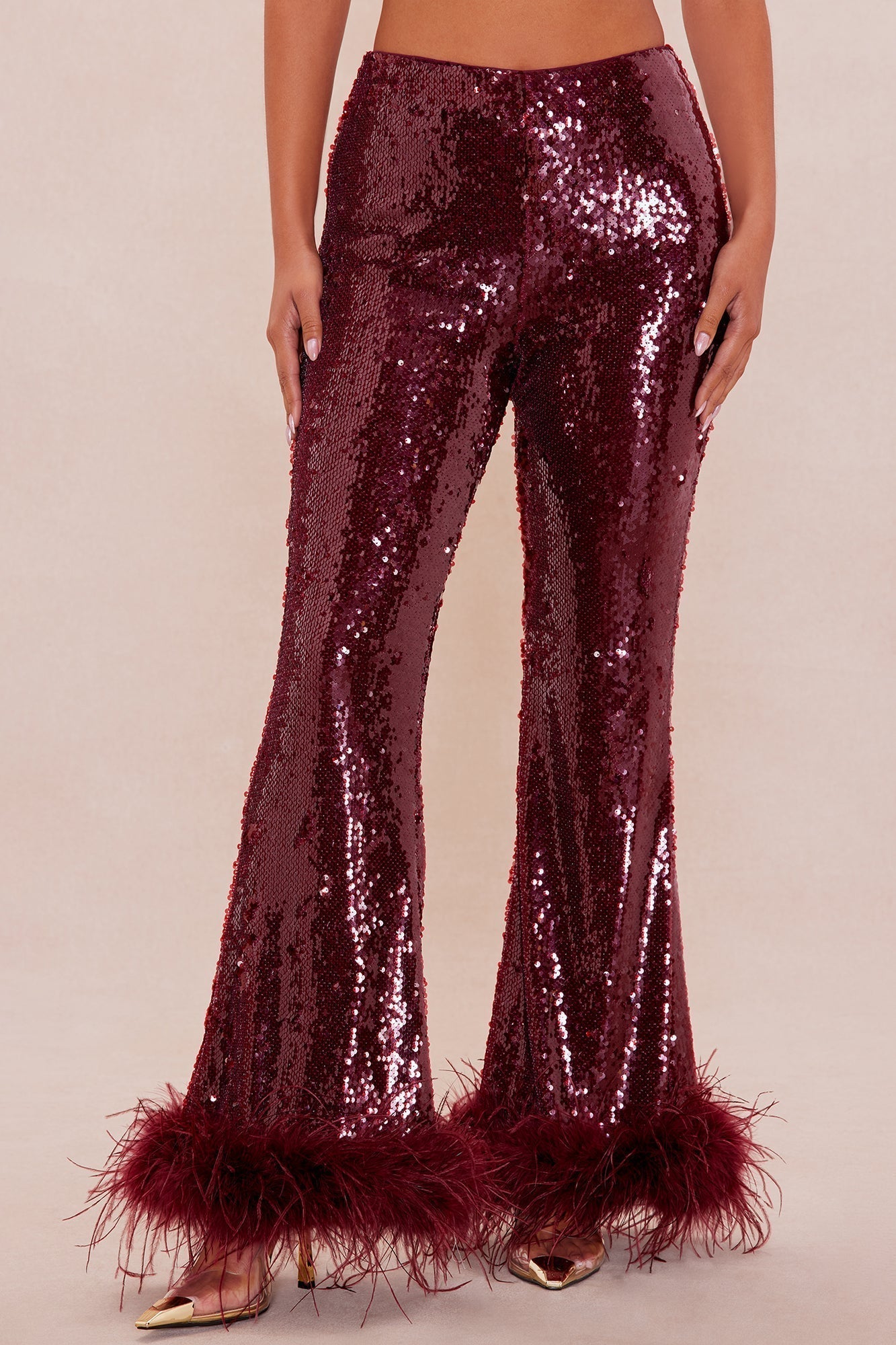 Gaia Feathered Sequin Pant - Burgundy