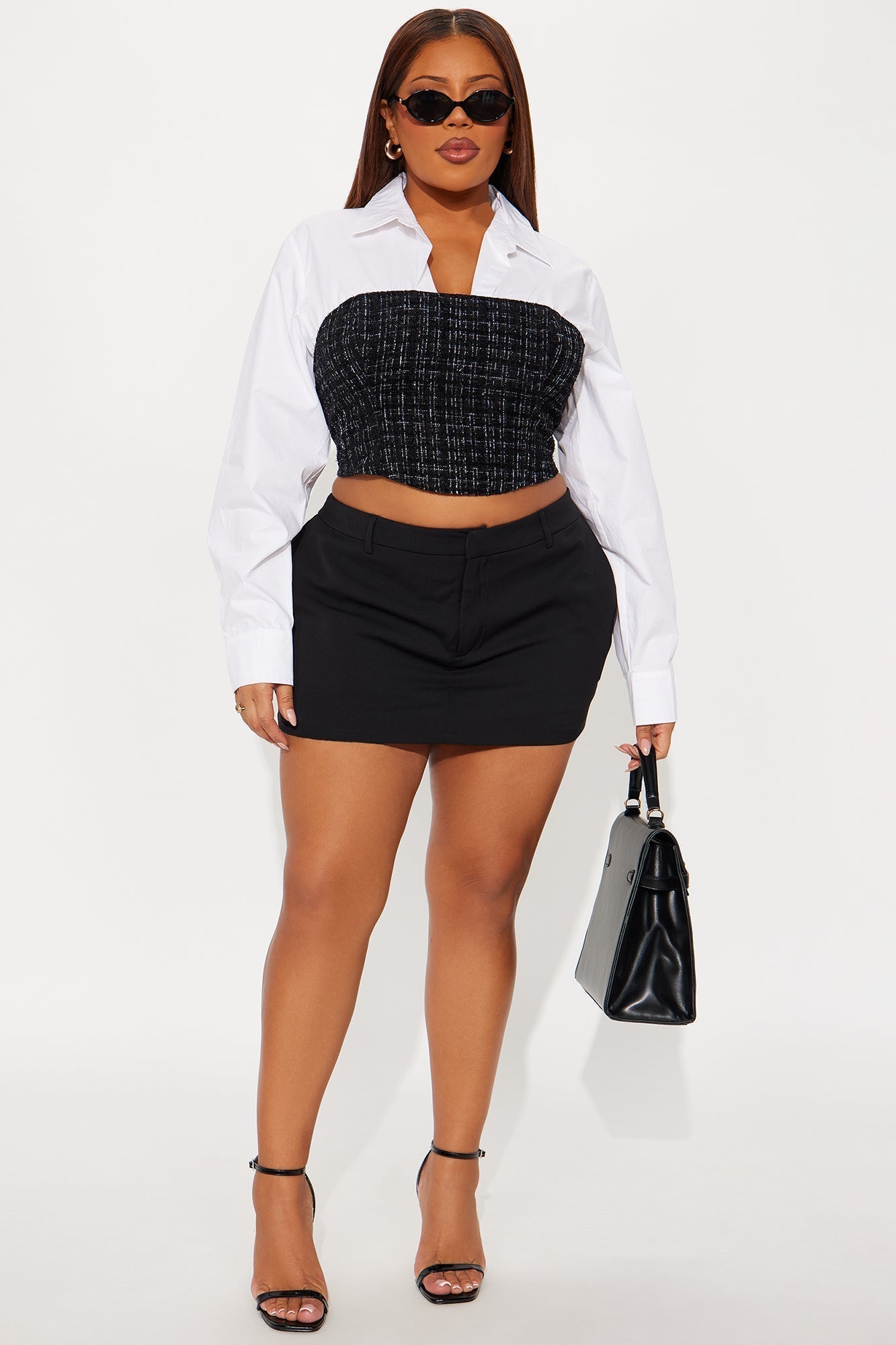 Take Notes Set In Poplin Tweed Corset - White/Black