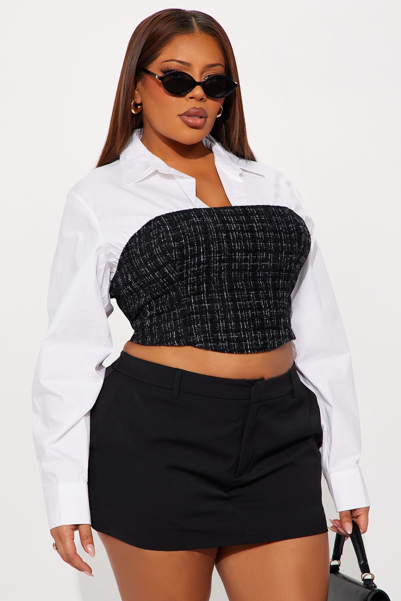 Take Notes Set In Poplin Tweed Corset - White/Black