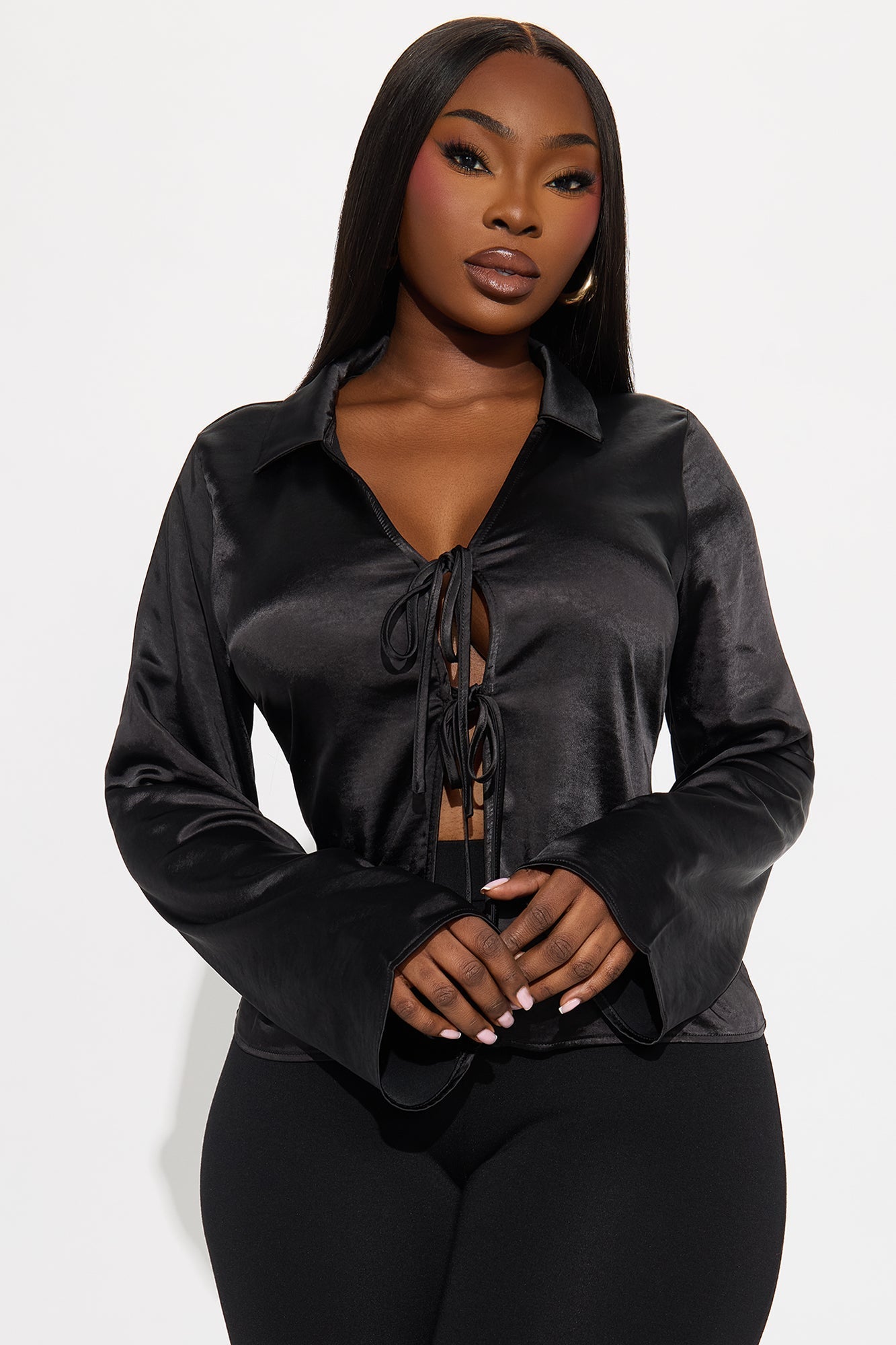 Frederica Tie Front Satin Blouse - Black