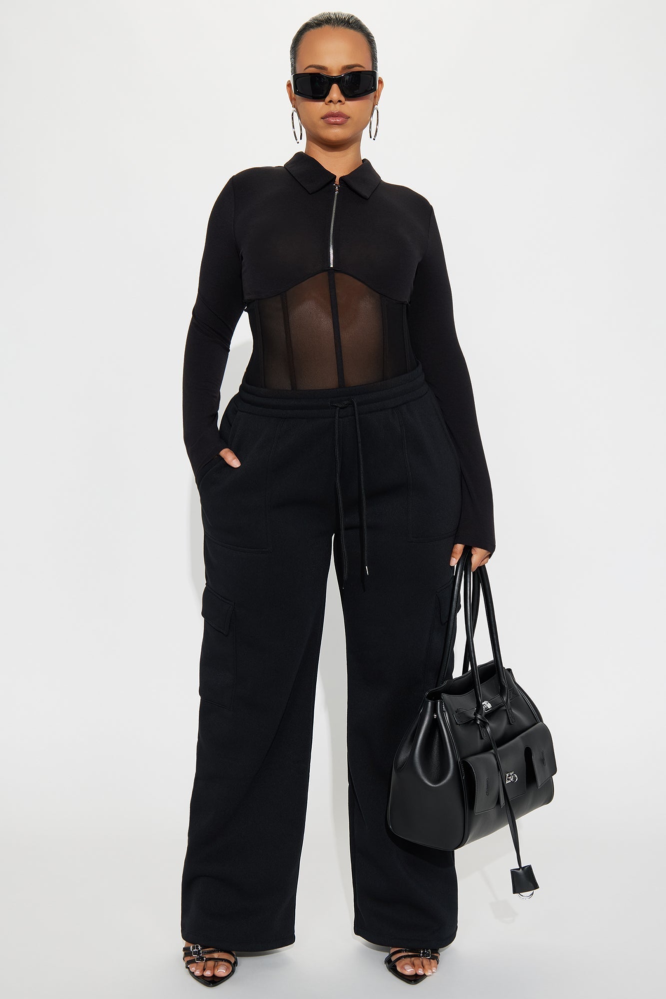Nessie Long Sleeve Collared Corset Top - Black