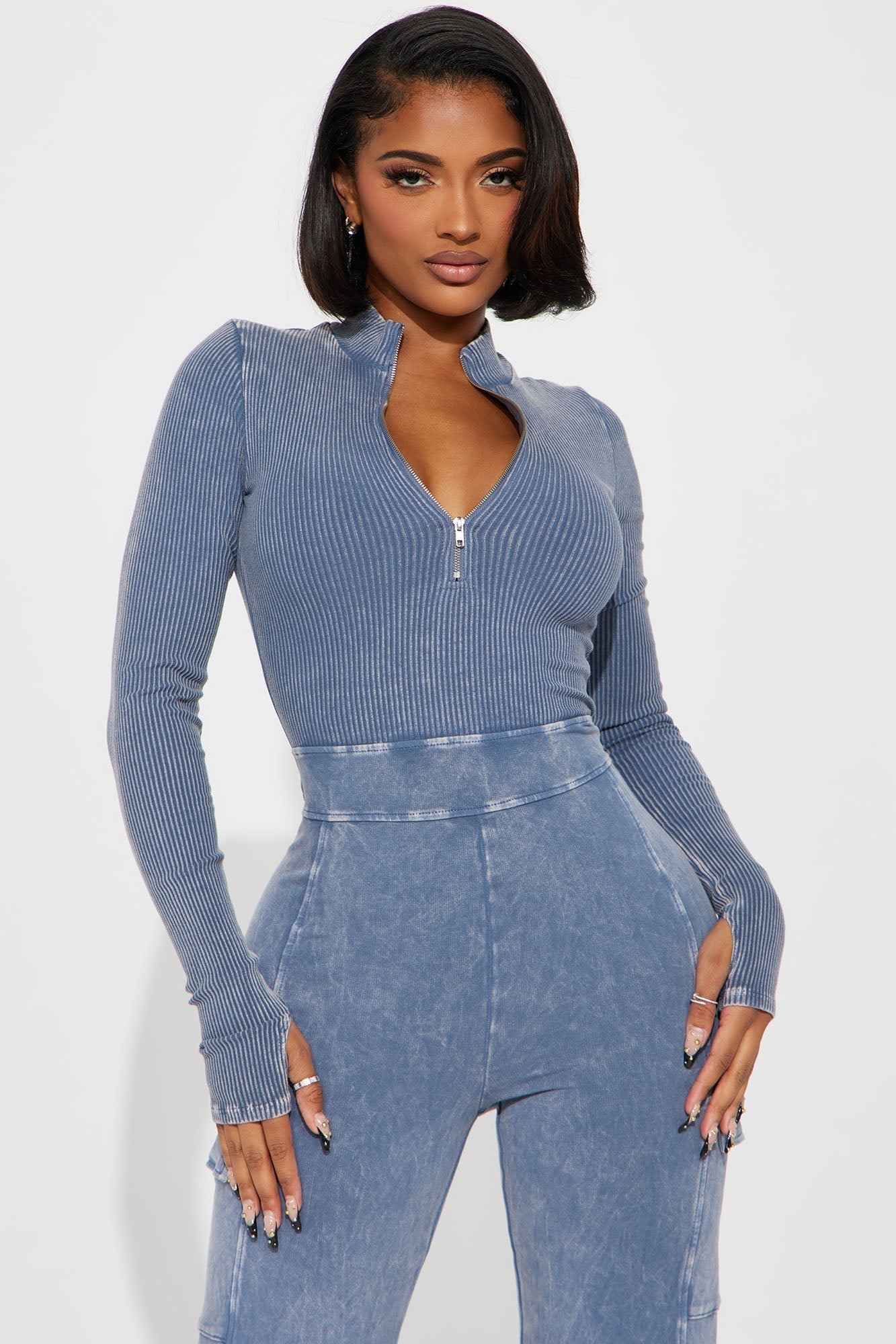 Caught Up With You Ribbed Jumpsuit - Blue