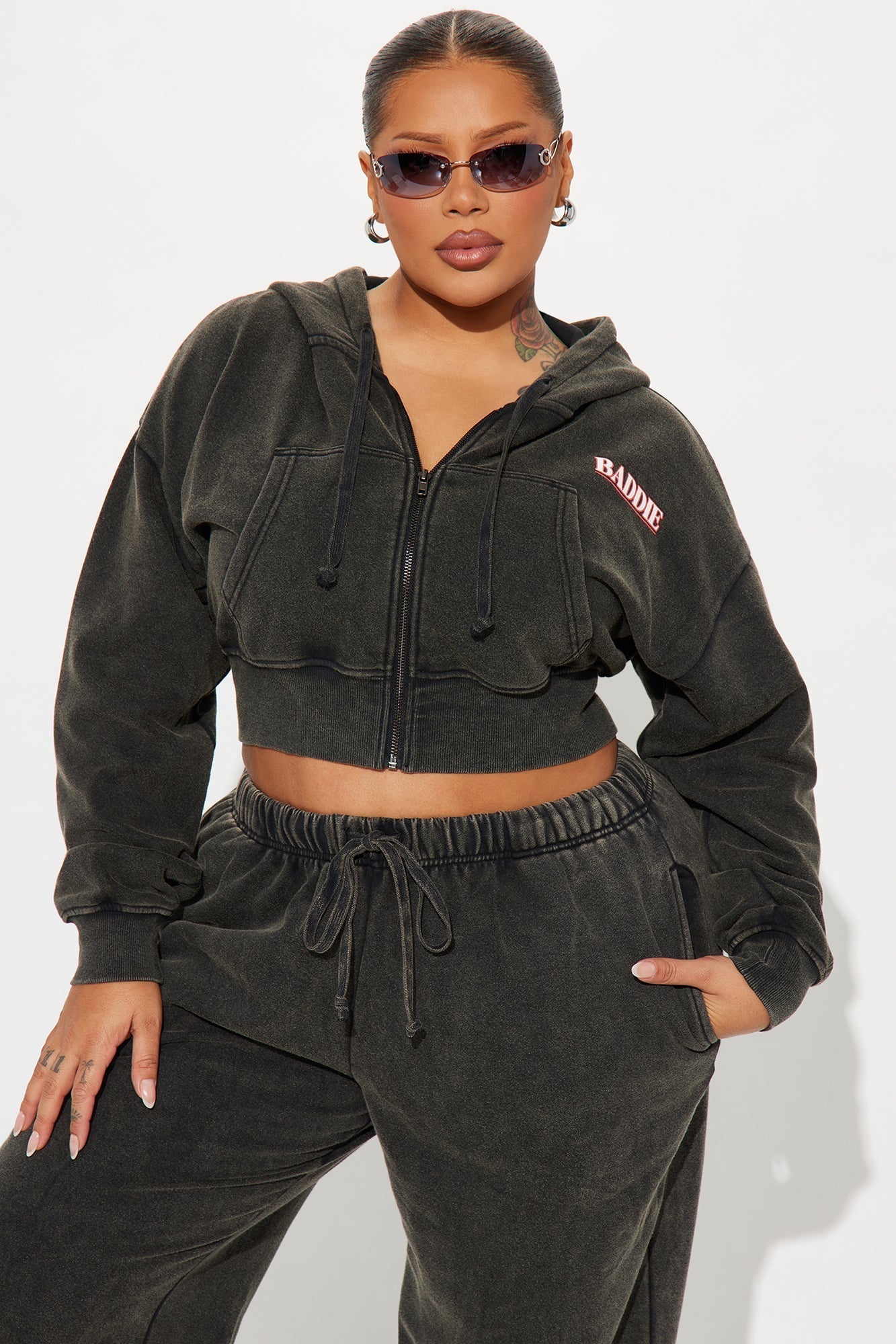 Baddie Washed Front Zip Hoodie - Black Wash