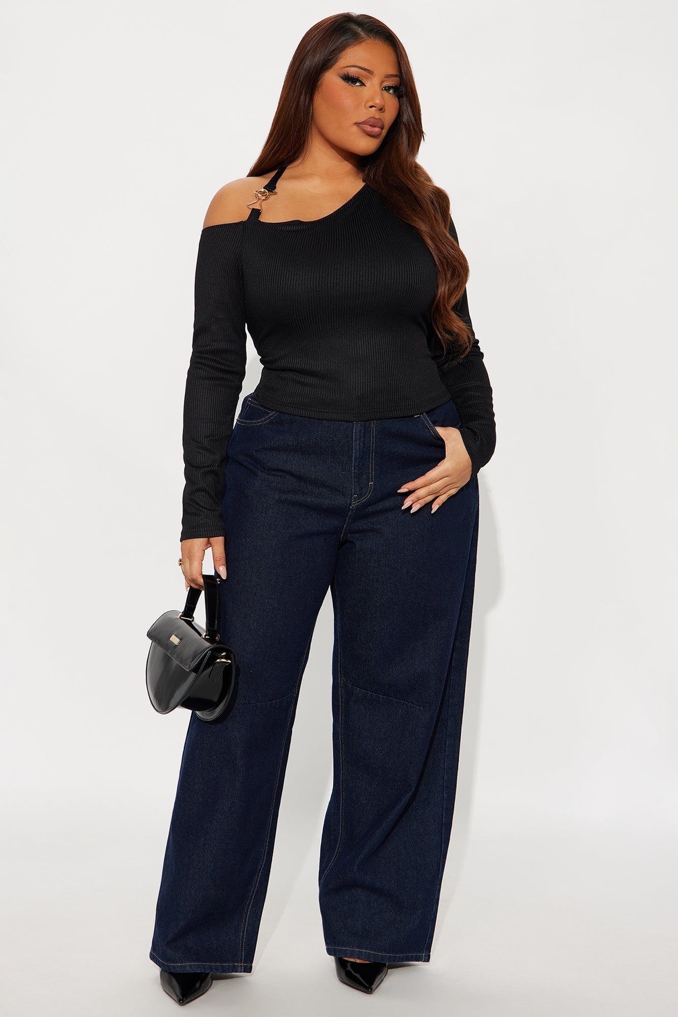 Individual Charm Ribbed Long Sleeve Top - Black