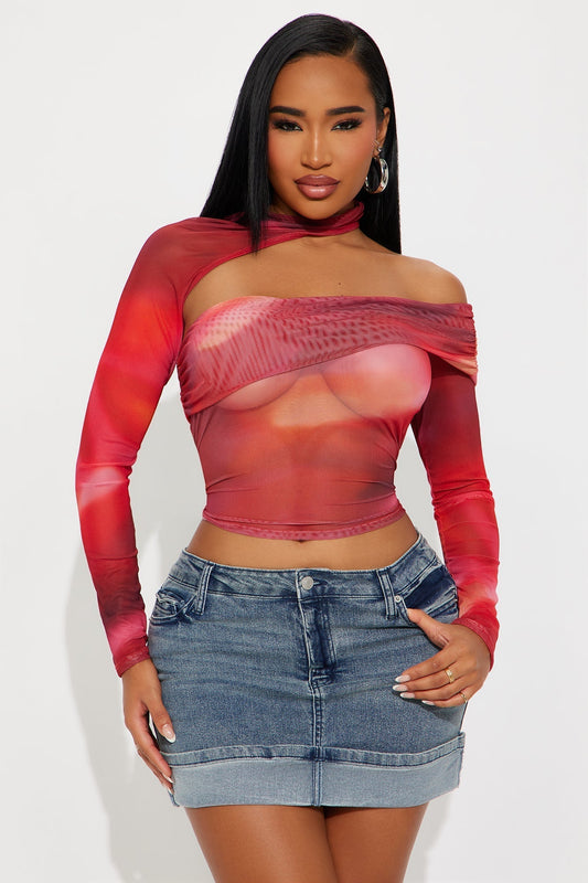 My Weakness Long Sleeve Mesh Top - Red/combo
