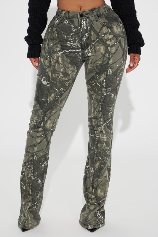 Commanding Attention Camo Stretch Flare Jeans - Black/combo