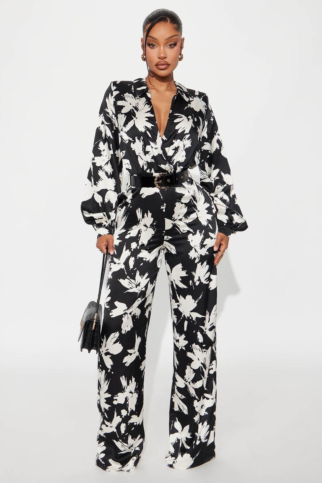 Nohely Satin Belted Jumpsuit - Black/White